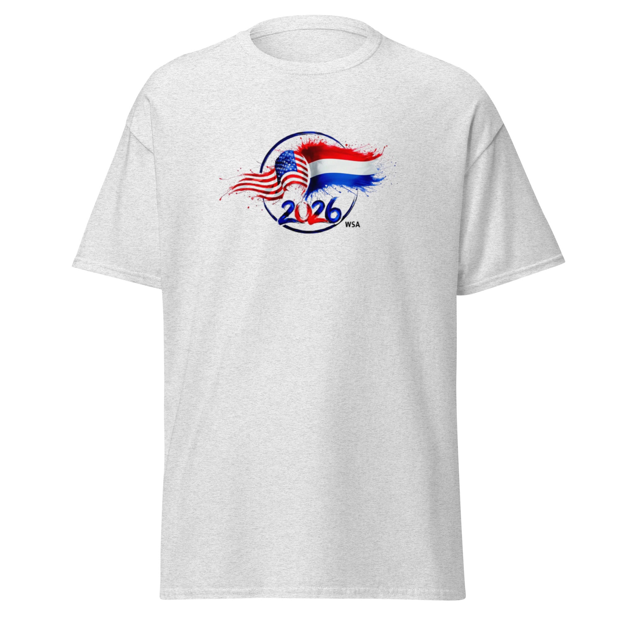 White t-shirt with a colorful graphic design on a white background