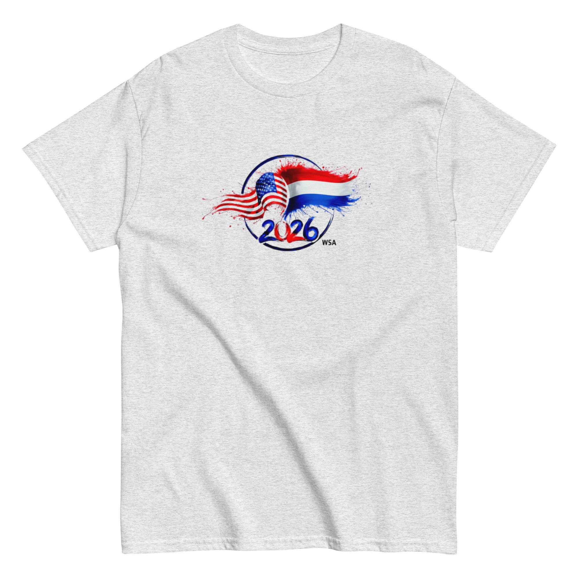 White t-shirt with a graphic design featuring an American flag and '2026' on a white background