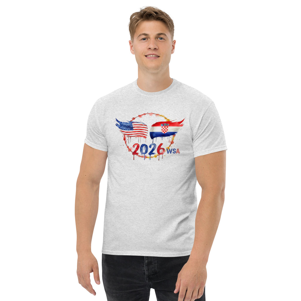 Person wearing a white t-shirt with a design featuring flags and '2026 WSA' text on a white background