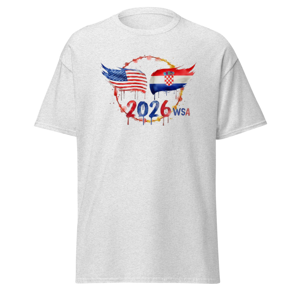 White t-shirt with 2026 WSA design featuring American and Croatian flags on a white background