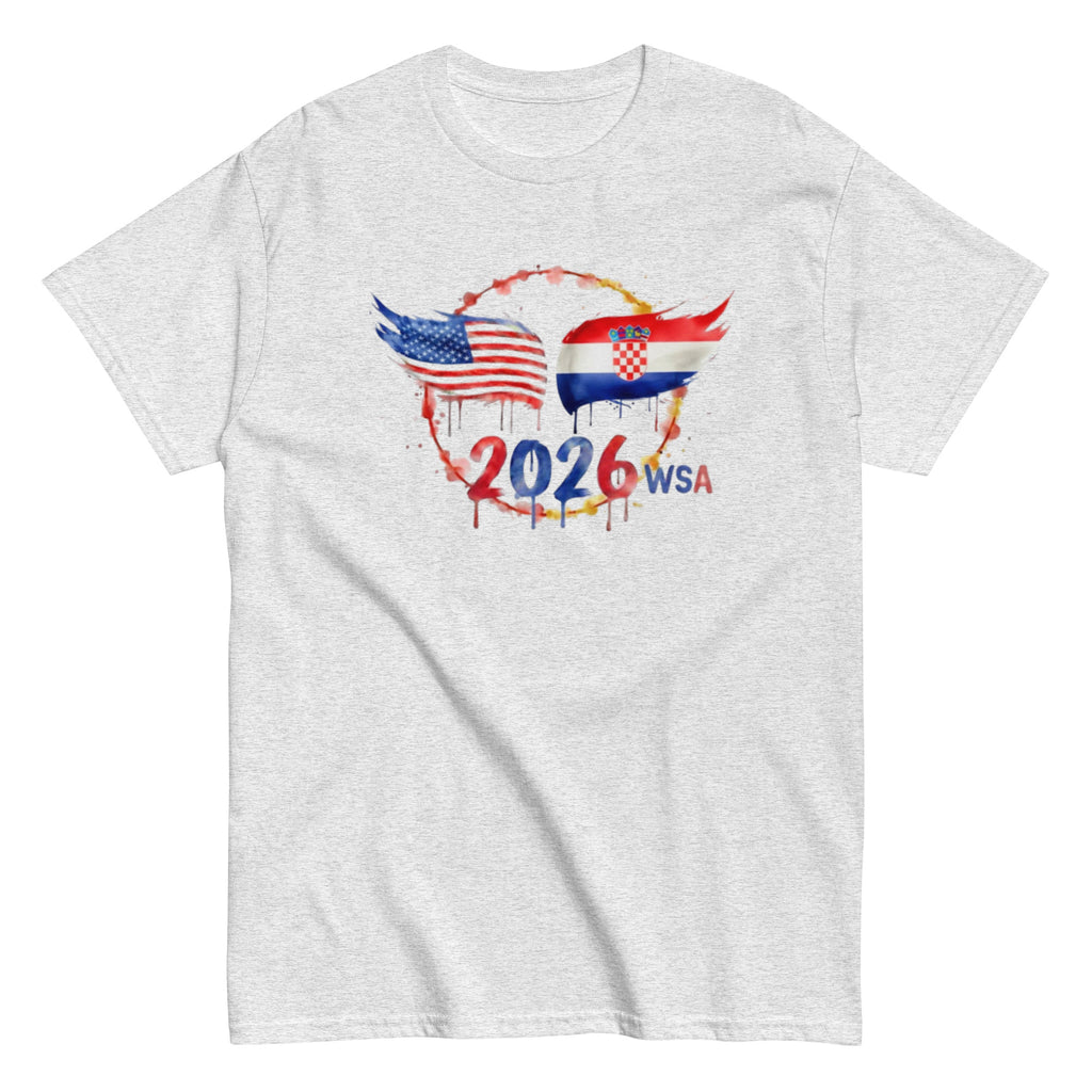 White t-shirt with 2026 WSA graphic design featuring American and Croatian flags on a white background