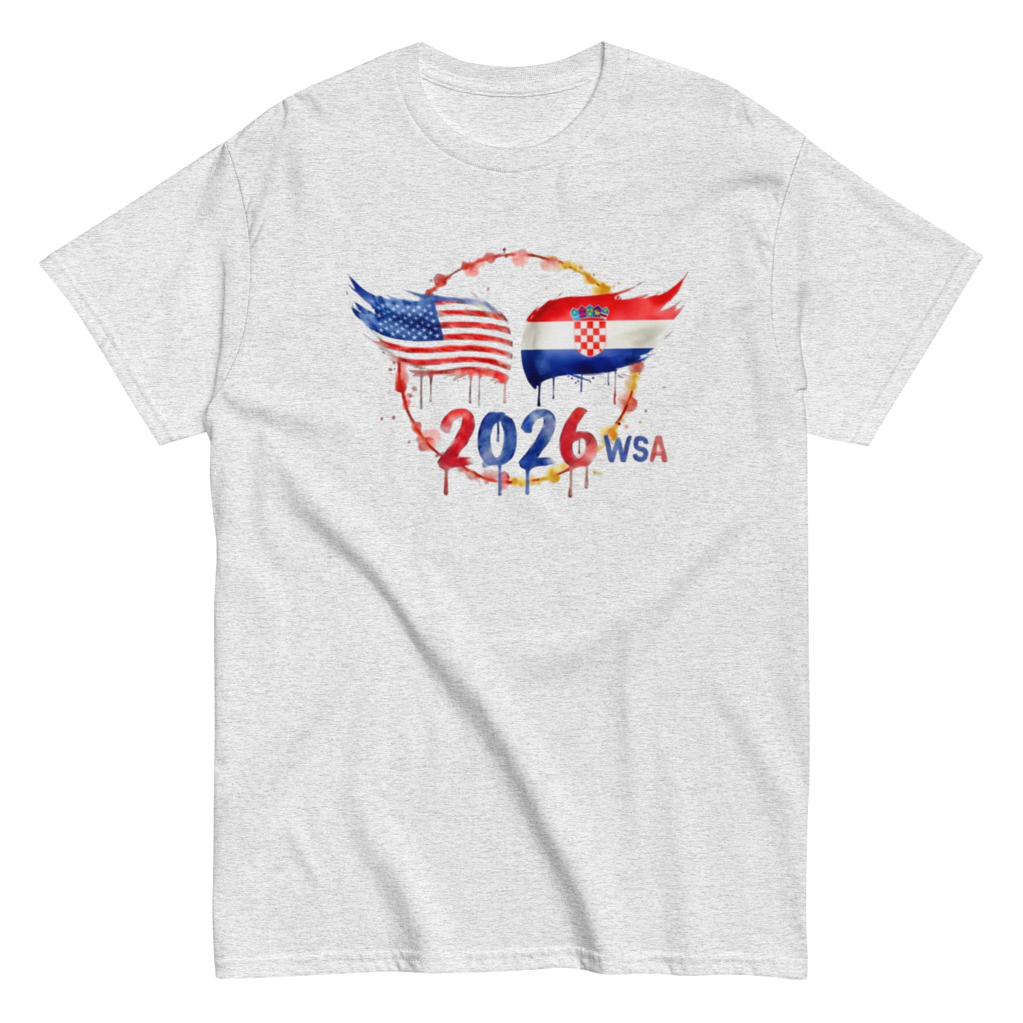 White t-shirt with 2026 WSA graphic design featuring American and Croatian flags on a white background