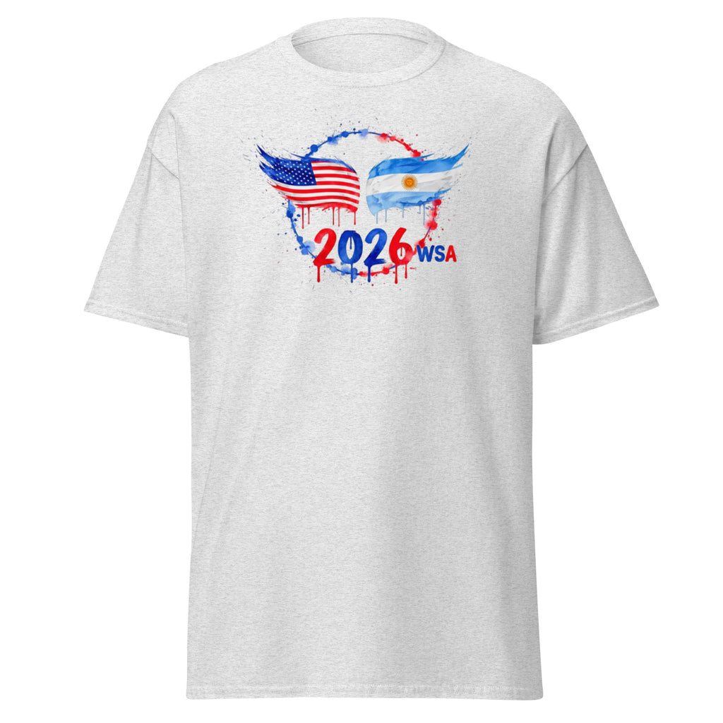 White t-shirt with 2026 WSA graphic design on a white background