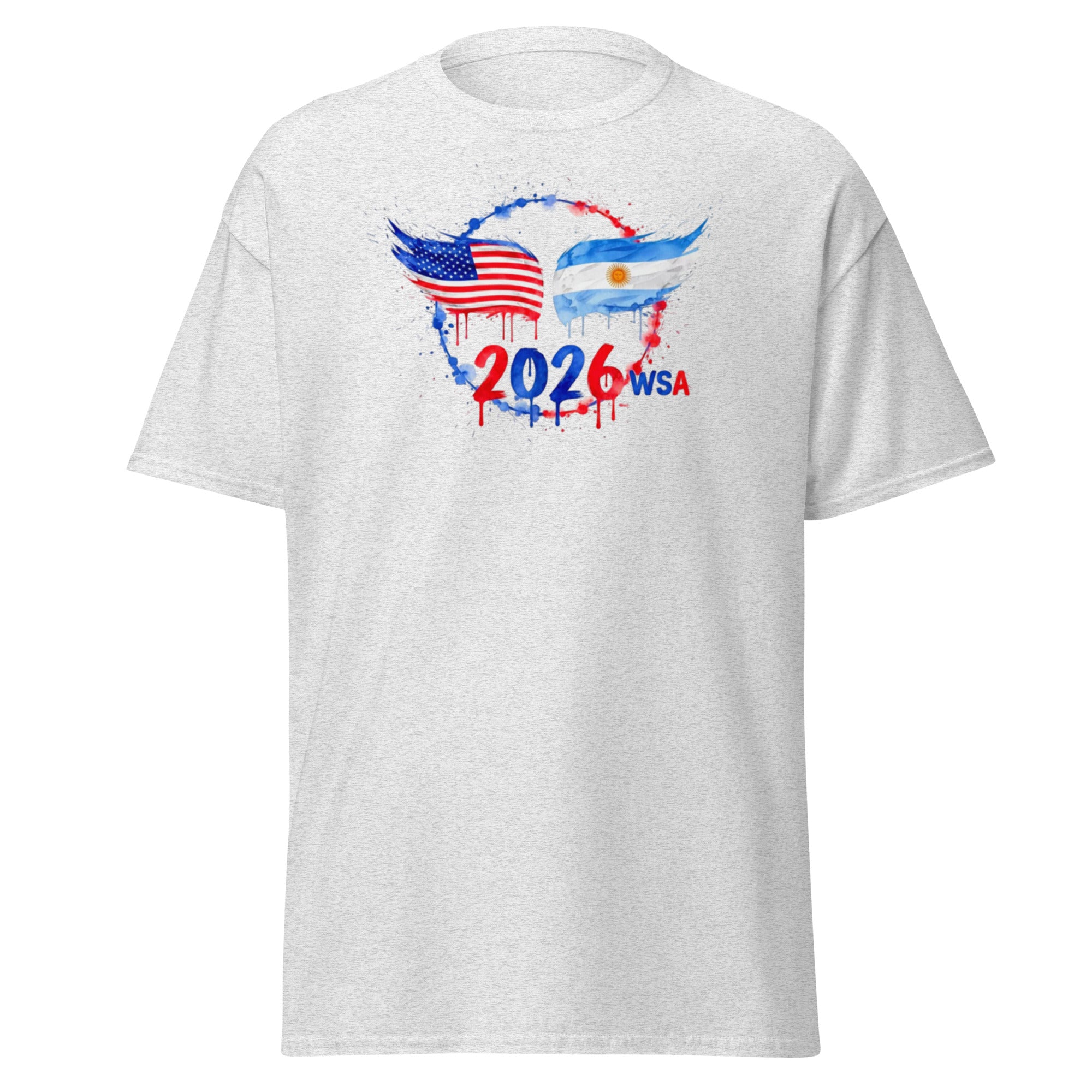 White t-shirt with 2026 WSA graphic design on a white background