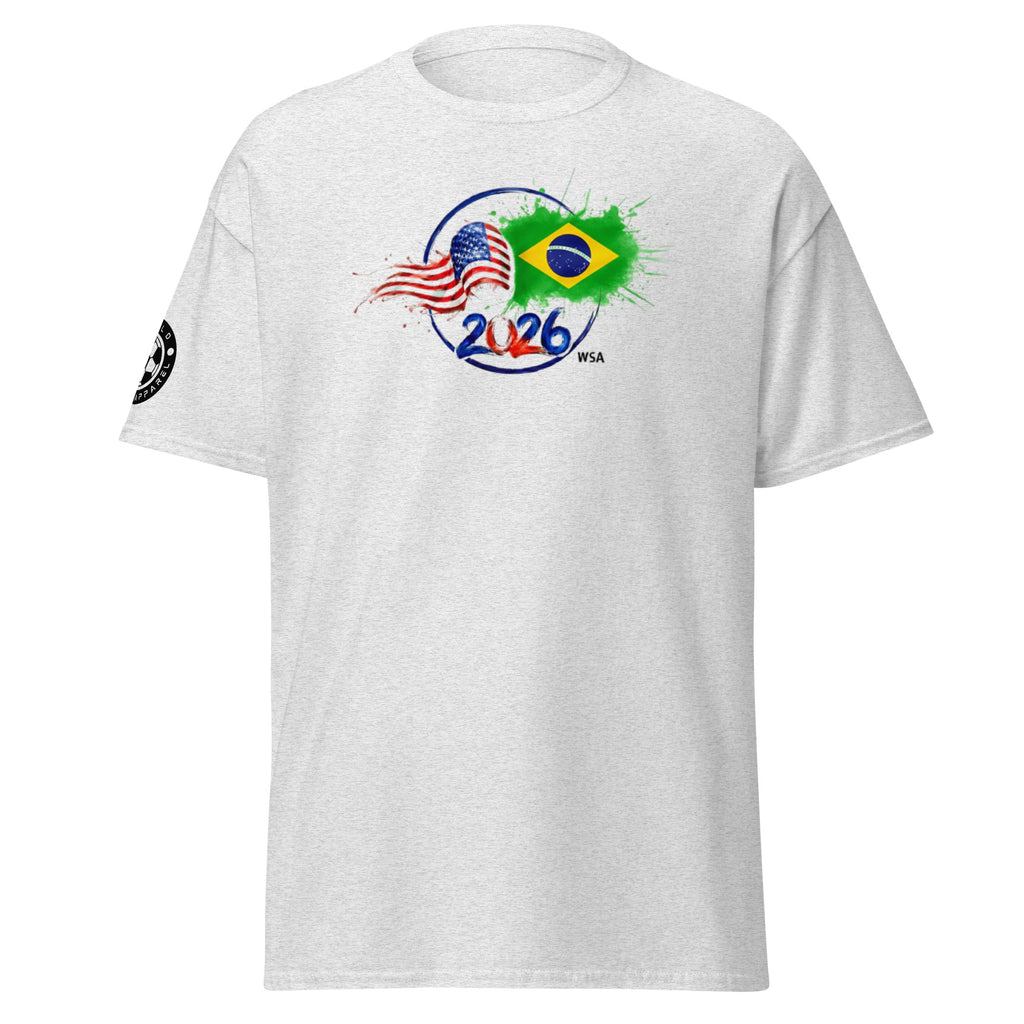 White t-shirt with 2026 World Cup logo featuring American and Brazilian flags on a white background