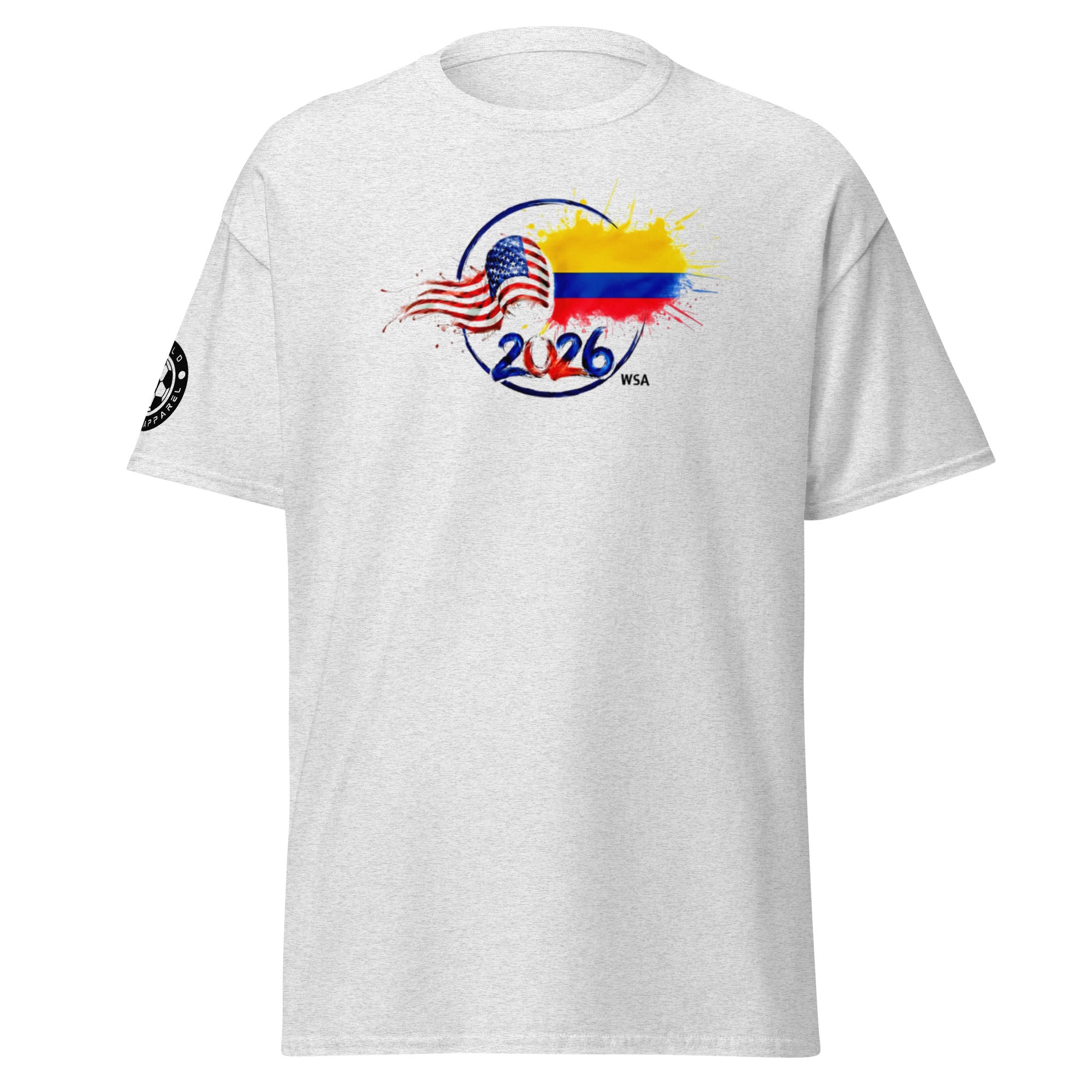 White t-shirt with 2026 World Cup logo featuring American and Colombian flags on a white background