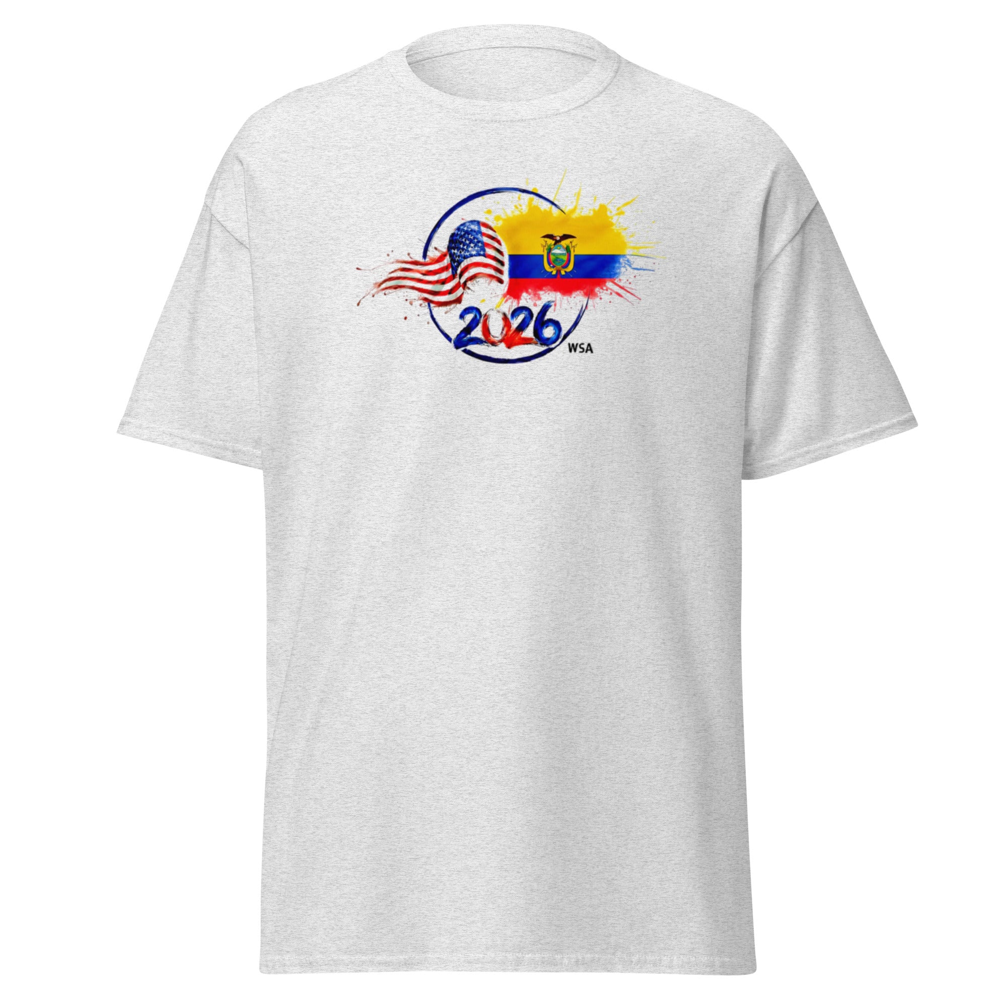 White t-shirt with 2026 World Cup logo featuring American and Ecuadorian flags on a white background