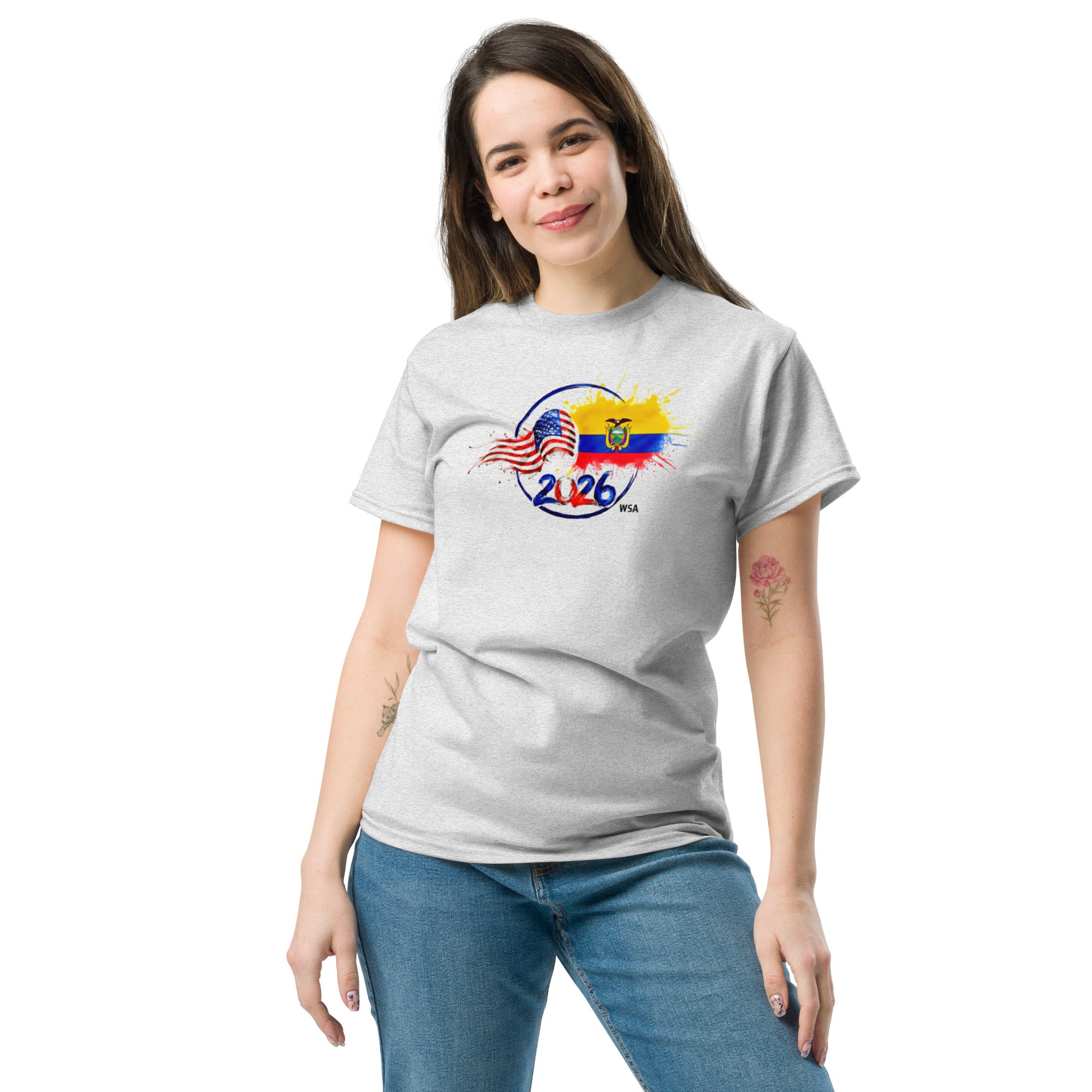 Woman wearing a gray t-shirt with a colorful graphic design on a white background