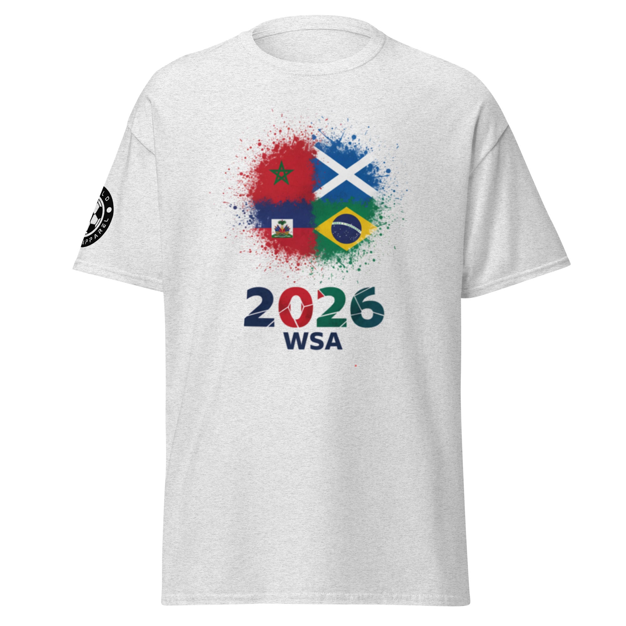 White t-shirt with colorful flag design and '2026 WSA' text on a white background