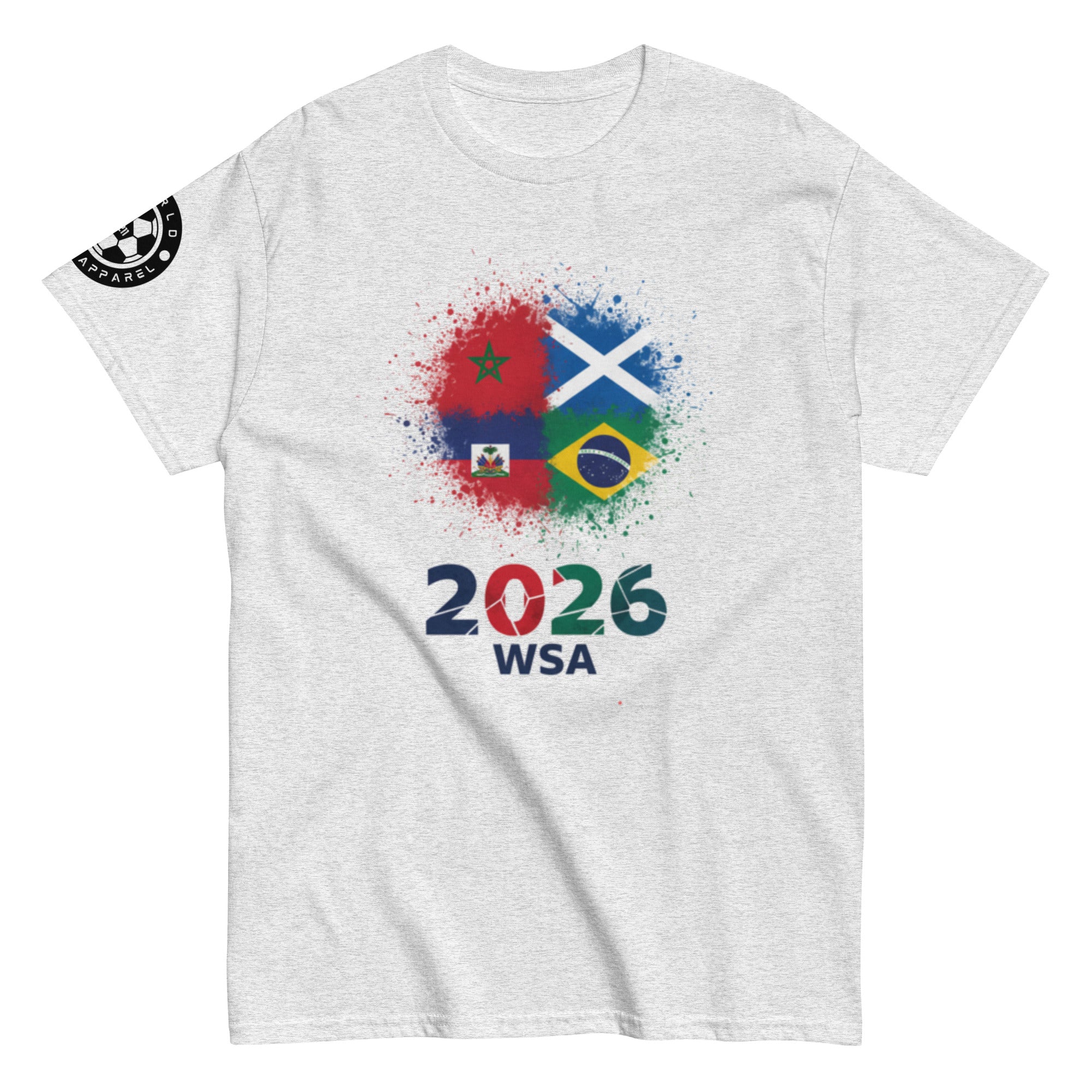 Gray t-shirt with colorful graphic design featuring flags and '2026 WSA' text on a white background