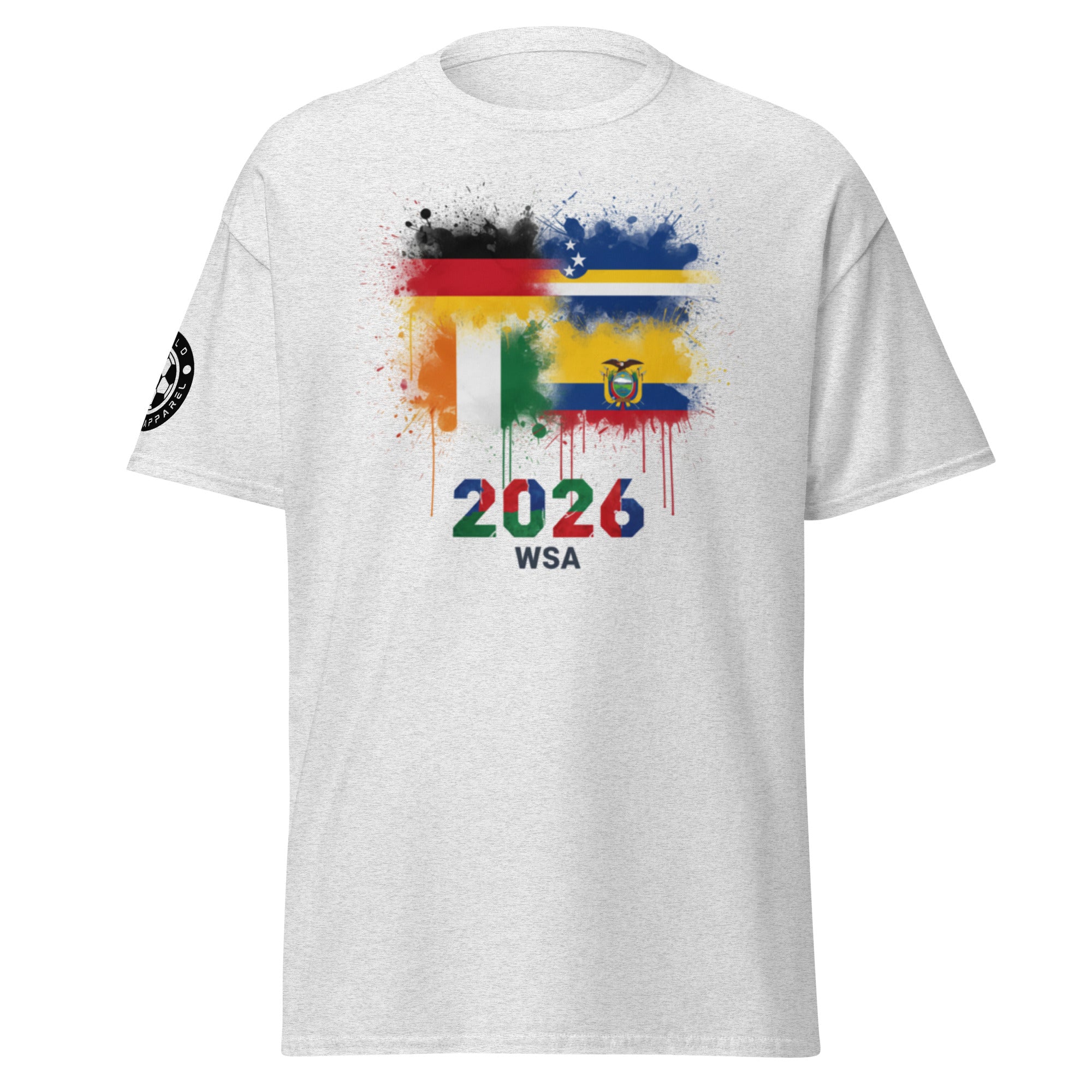 White t-shirt with colorful design and text on a white background