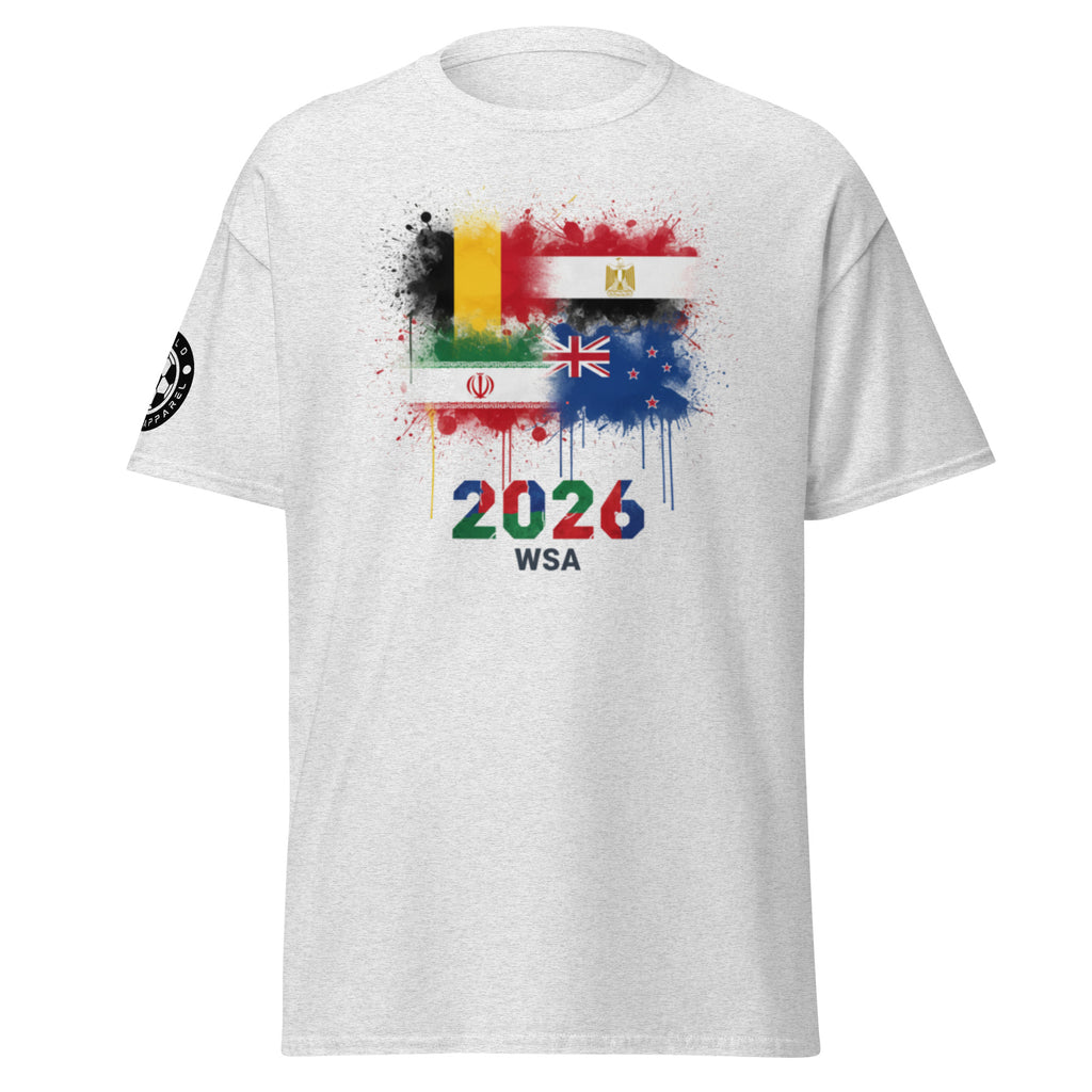 White t-shirt with colorful graphic design featuring flags and '2026 WSA' text on a white background