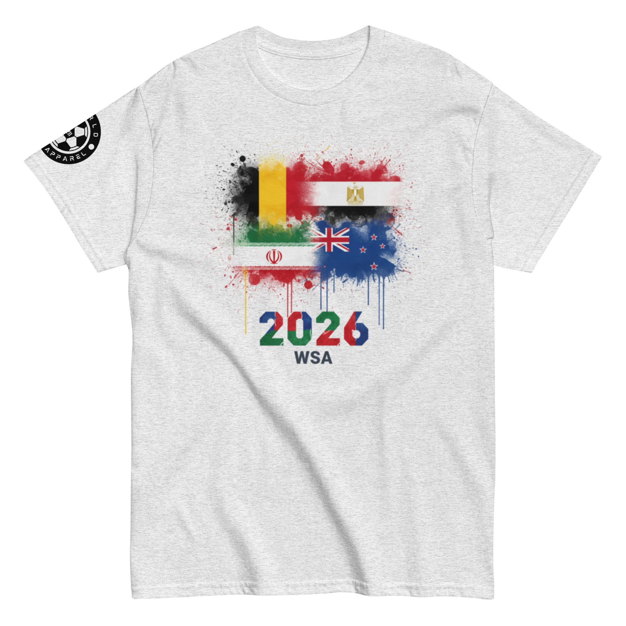 Gray t-shirt with colorful graphic design featuring flags and '2026 WSA' text on a white background.