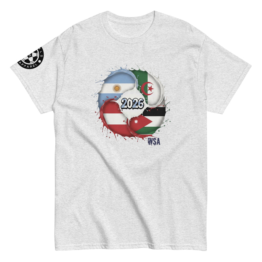 Gray t-shirt with world map and flags design on a white background