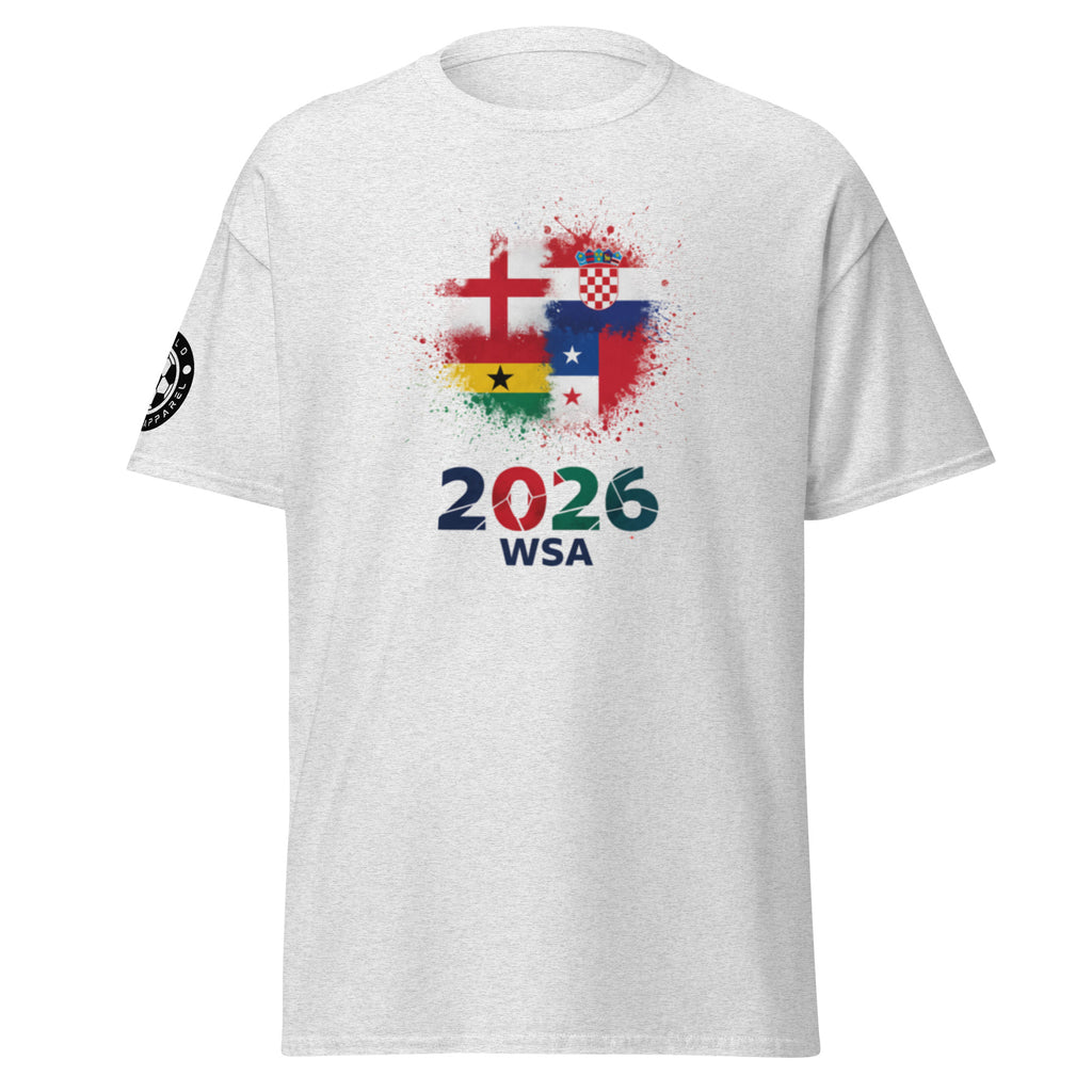 White t-shirt with colorful graphic design and text on a white background