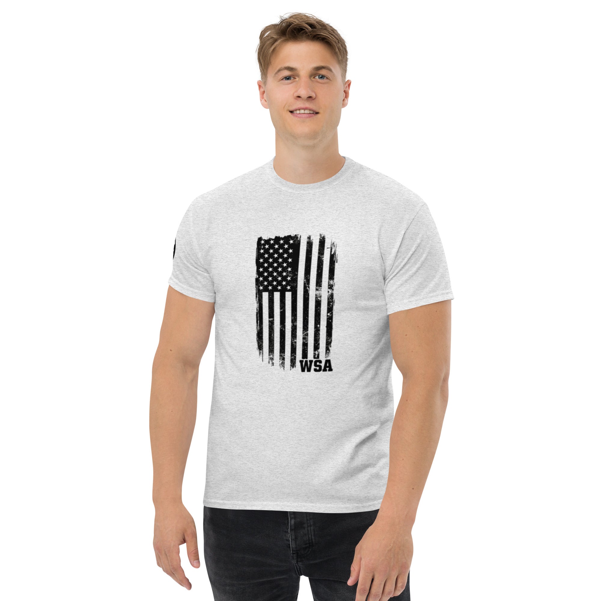 Man wearing a gray t-shirt with an American flag design and 'WSA' text on a white background