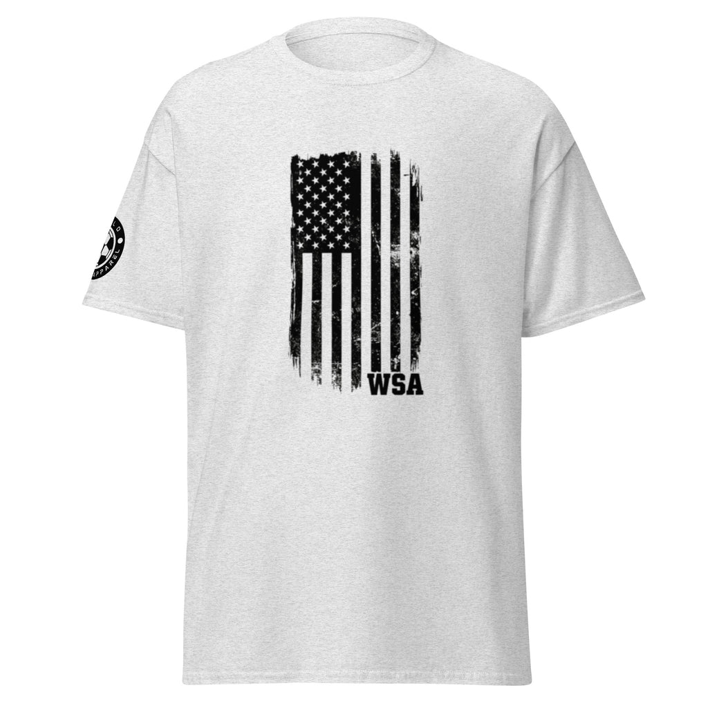 White t-shirt with American flag graphic and 'WSA' text on a white background