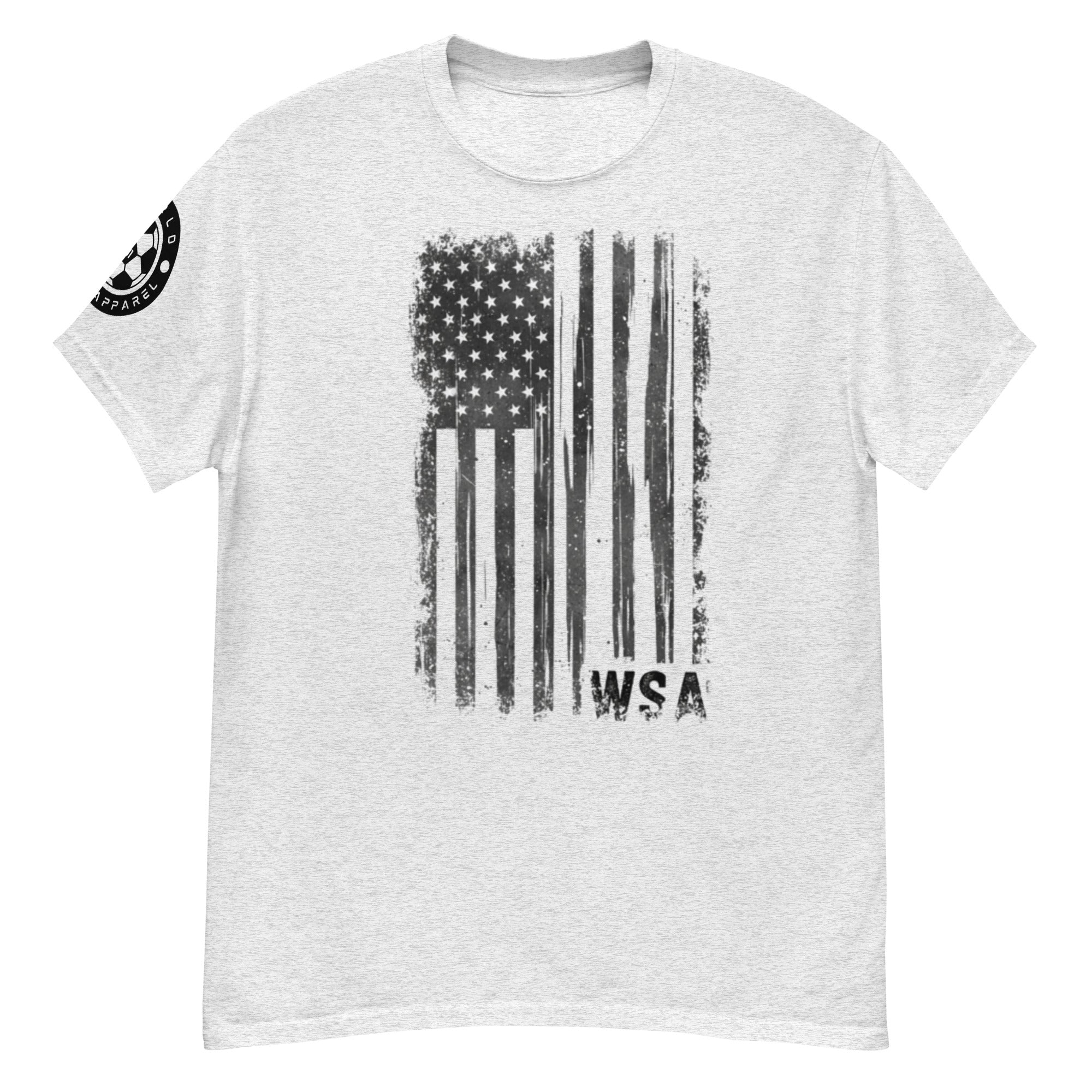 Gray t-shirt with American flag graphic and 'WSA' text on a white background