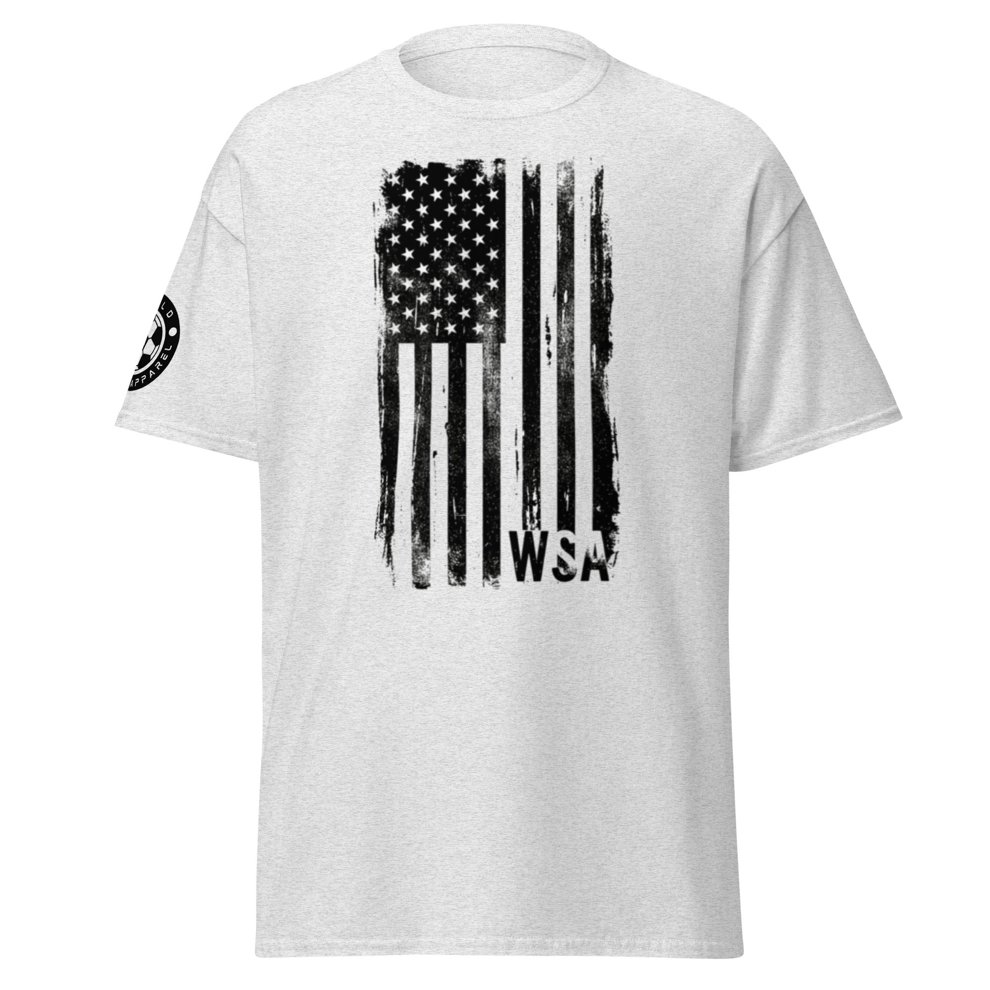 White t-shirt with American flag graphic and 'WSA' text on a white background