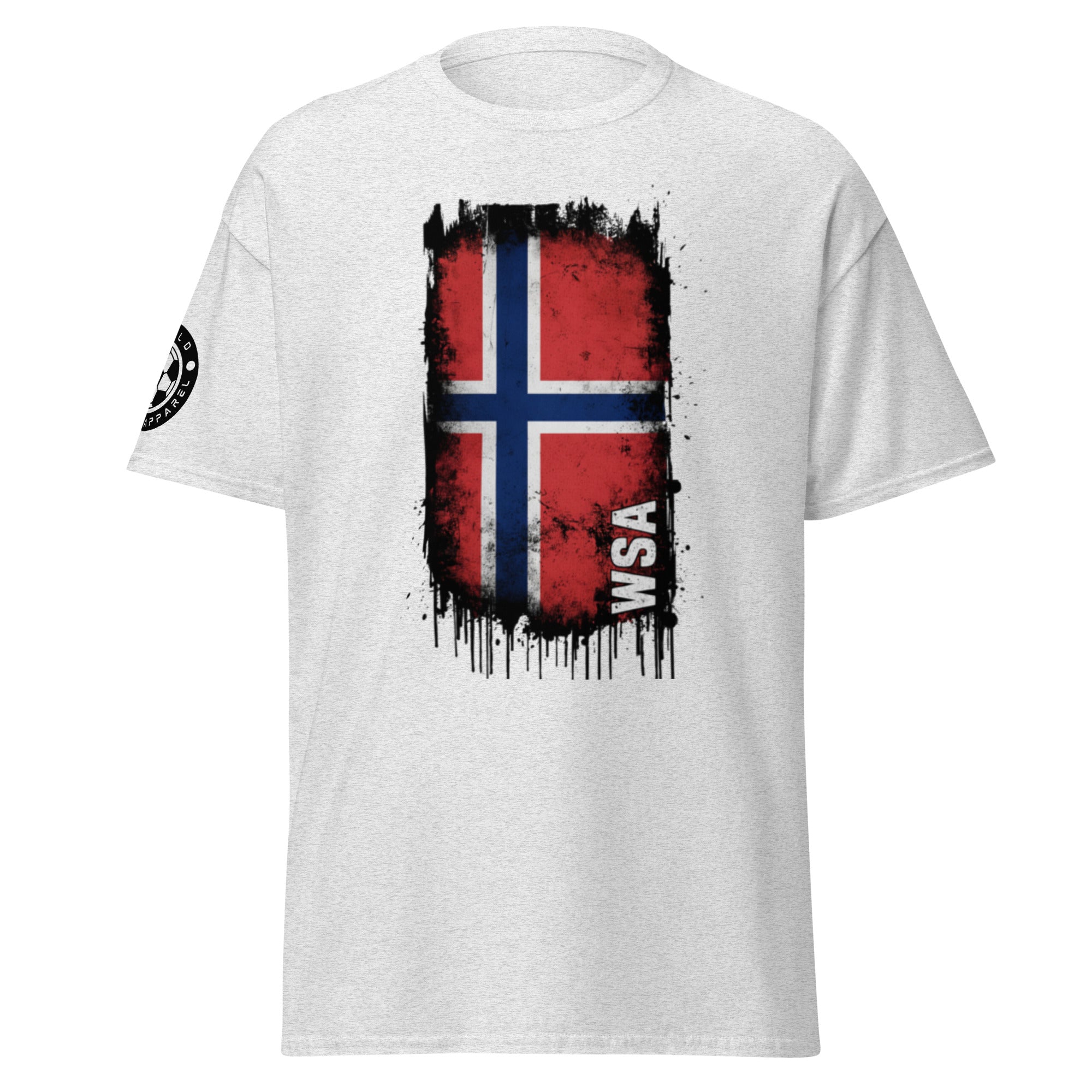 White t-shirt with a red, blue, and white flag design and 'WSA' branding on a white background.