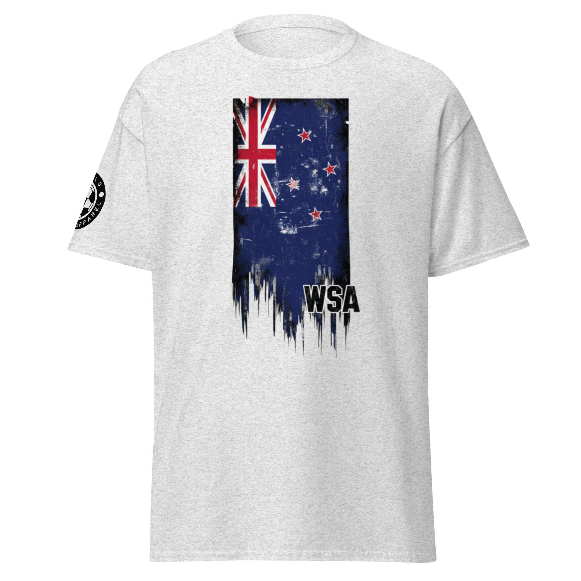 White t-shirt with a flag design and 'WSA' text on a white background