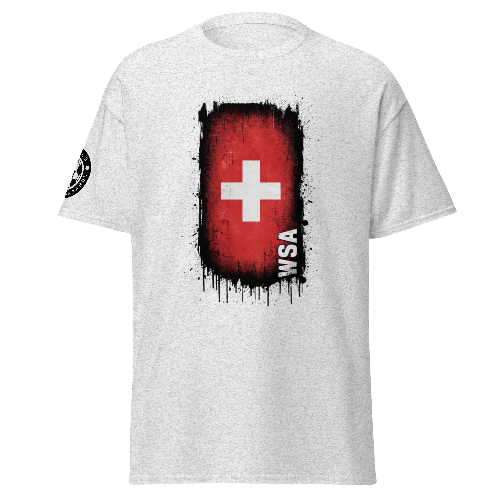 White t-shirt with a red and black design featuring a cross and 'WSA' text on a white background.