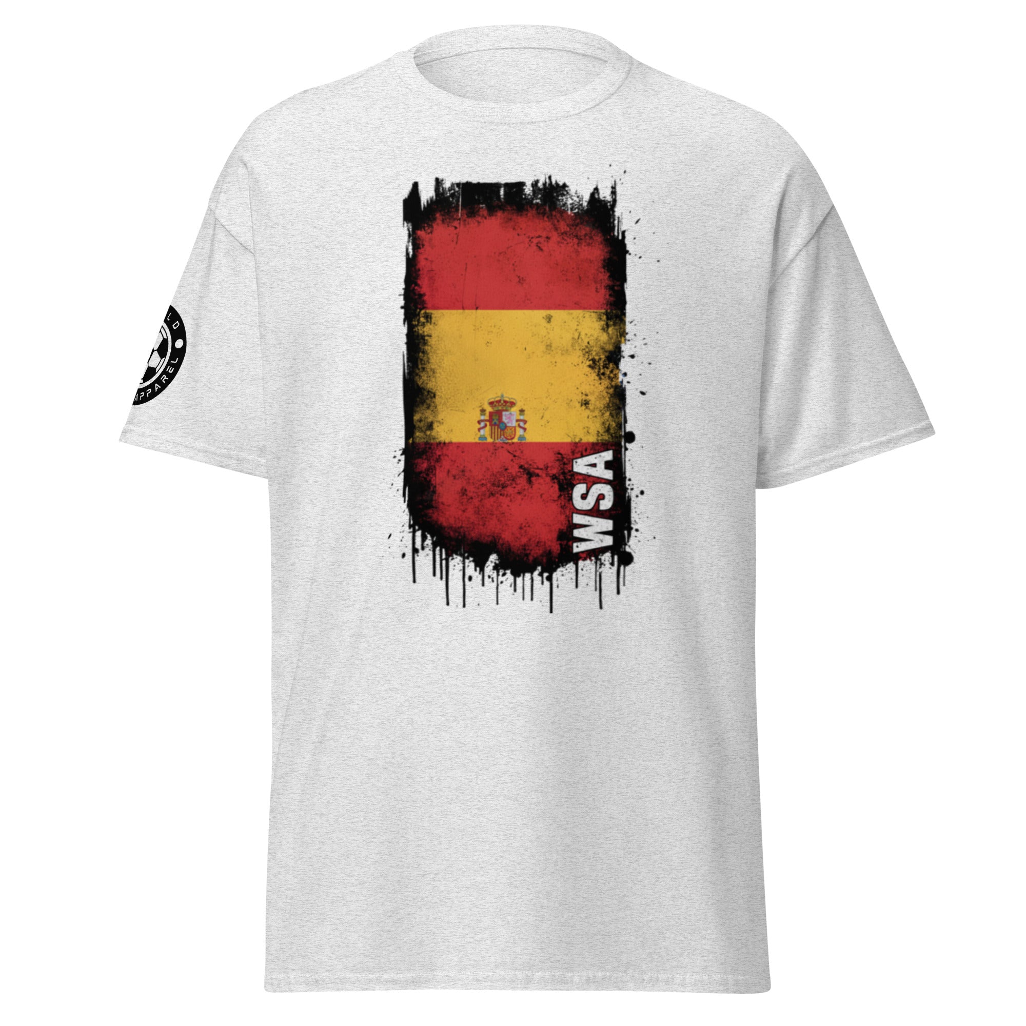 White t-shirt with a red, yellow, and black flag design on a white background