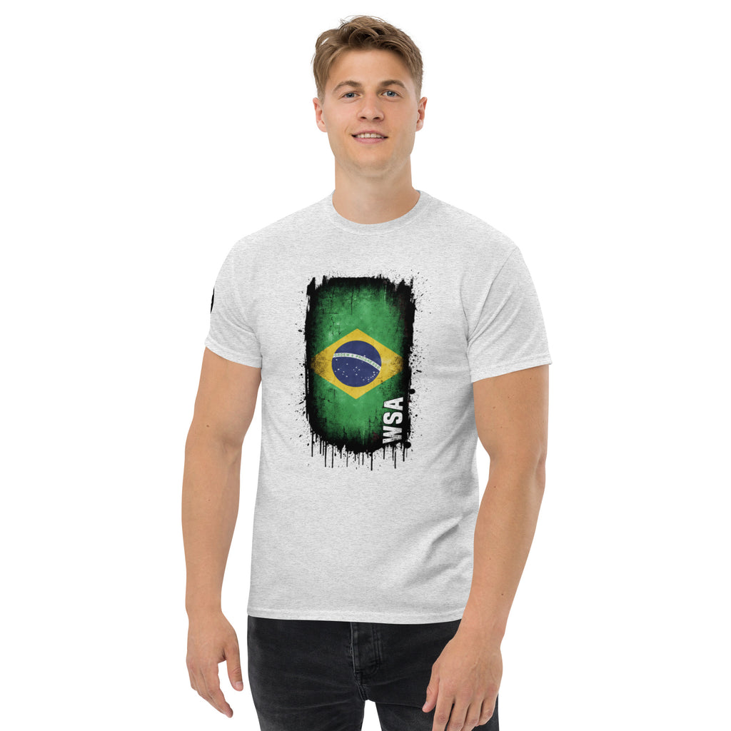 Person wearing a white t-shirt with a Brazilian flag design on a white background