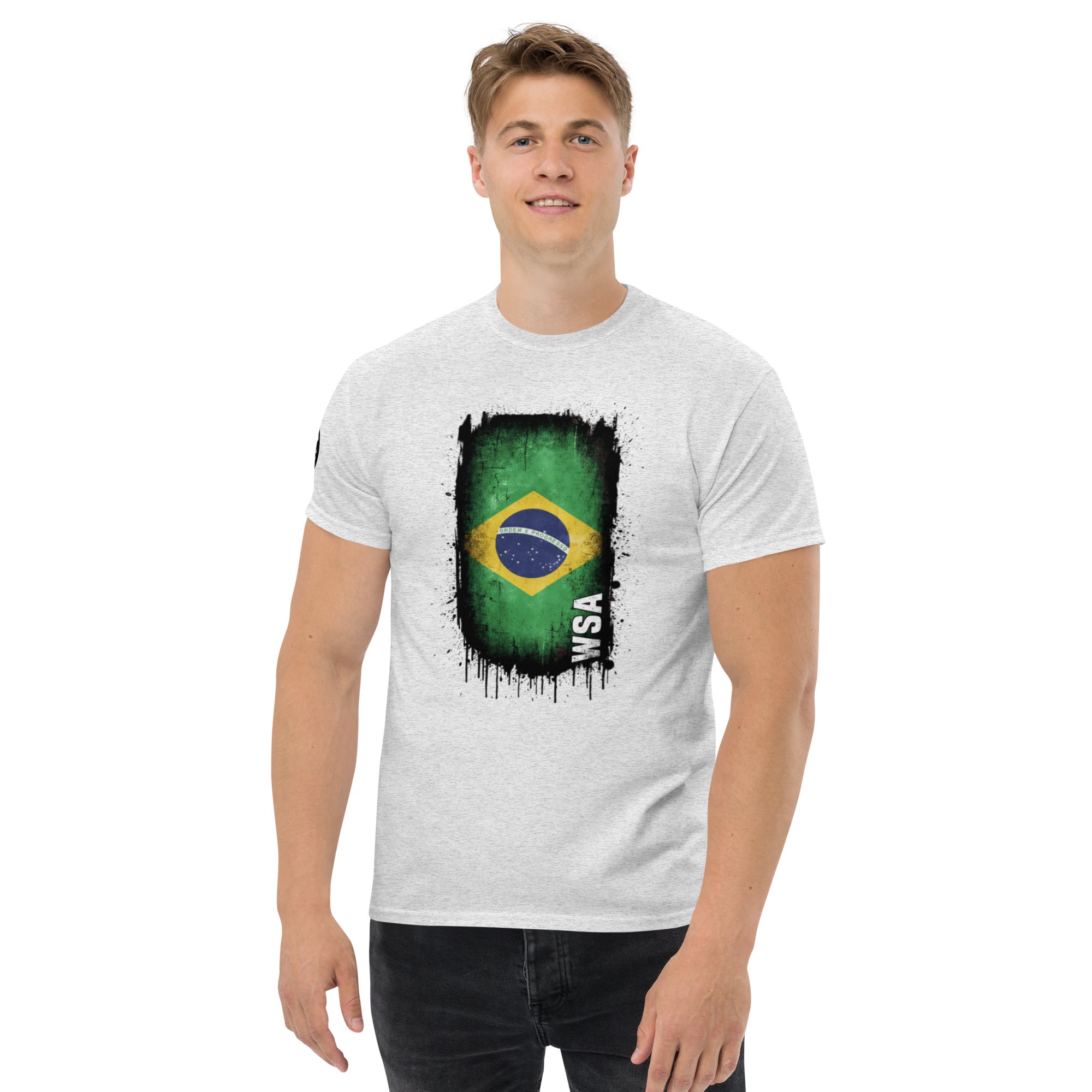 Person wearing a white t-shirt with a Brazilian flag design on a white background