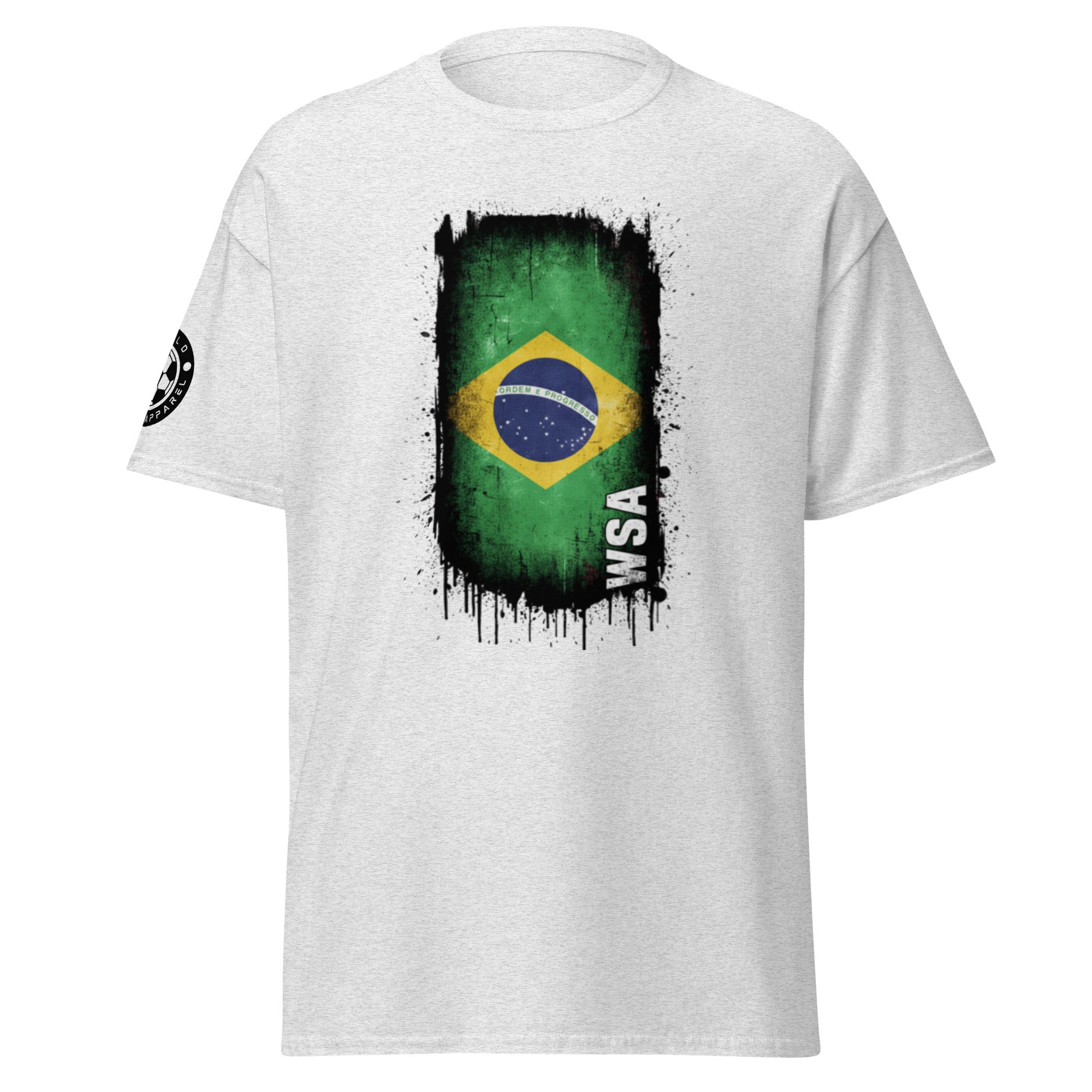 White t-shirt with Brazilian flag design and 'WSA' branding on a white background