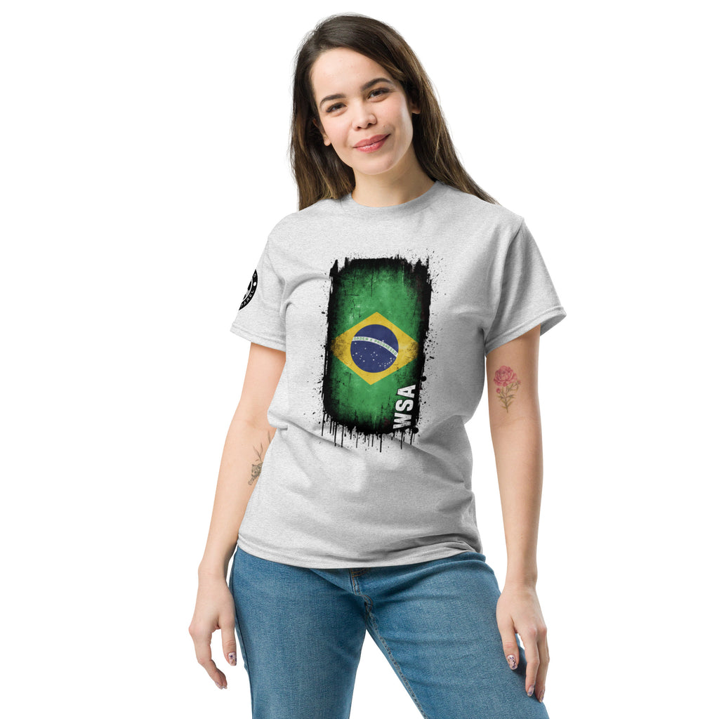 Woman wearing a white t-shirt with a Brazilian flag design on a white background
