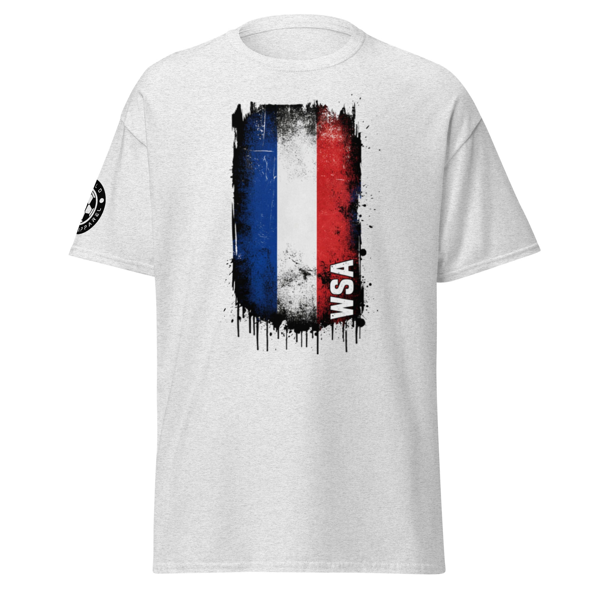 White t-shirt with a colorful graphic design on a white background