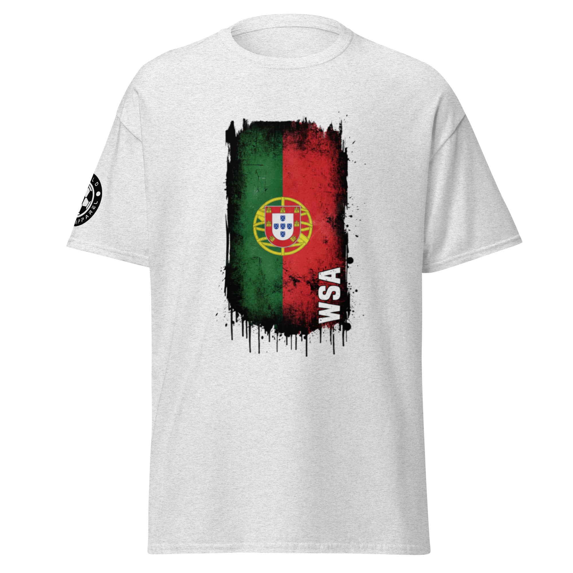 White t-shirt with a colorful graphic design on a white background