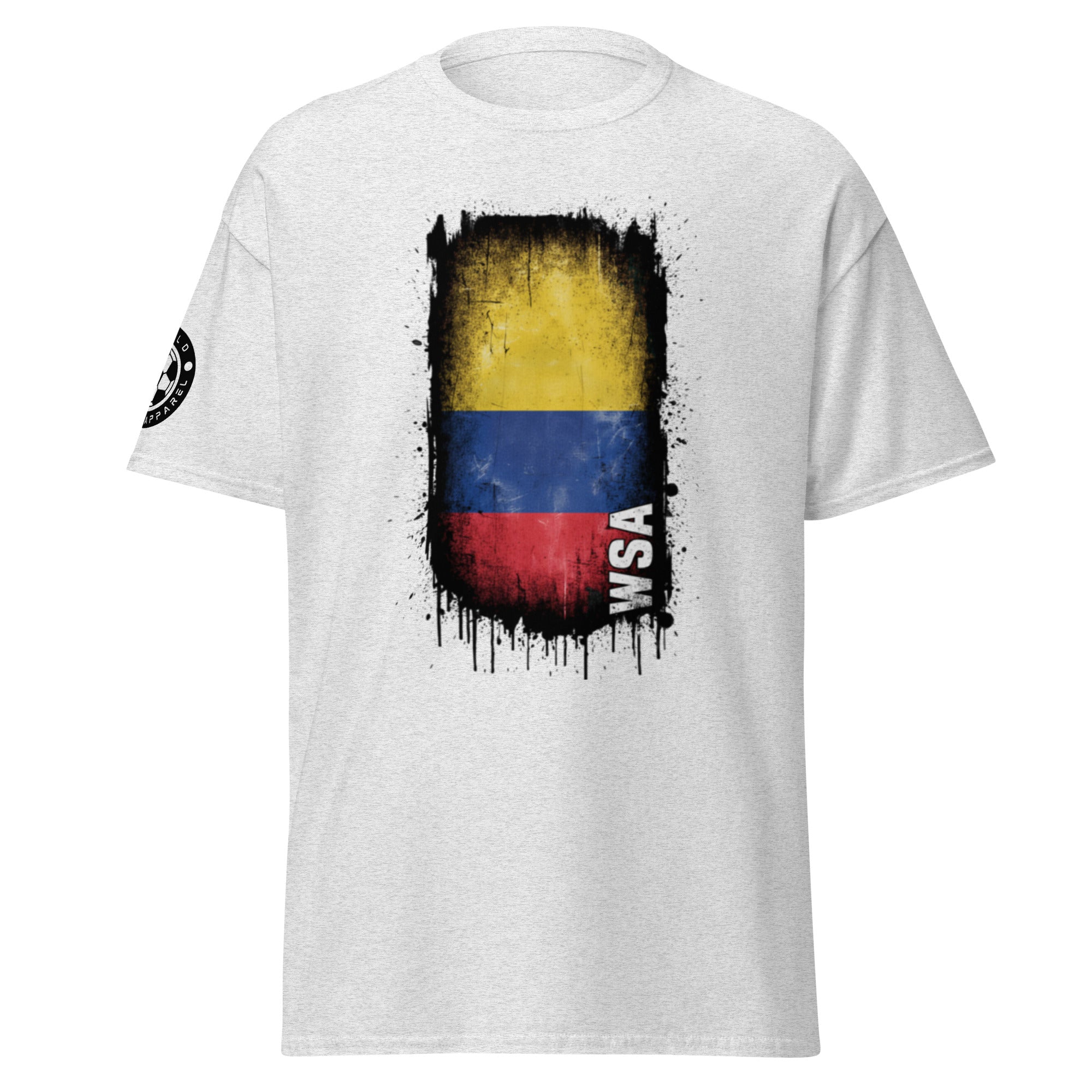 White t-shirt with a colorful graphic design on a white background