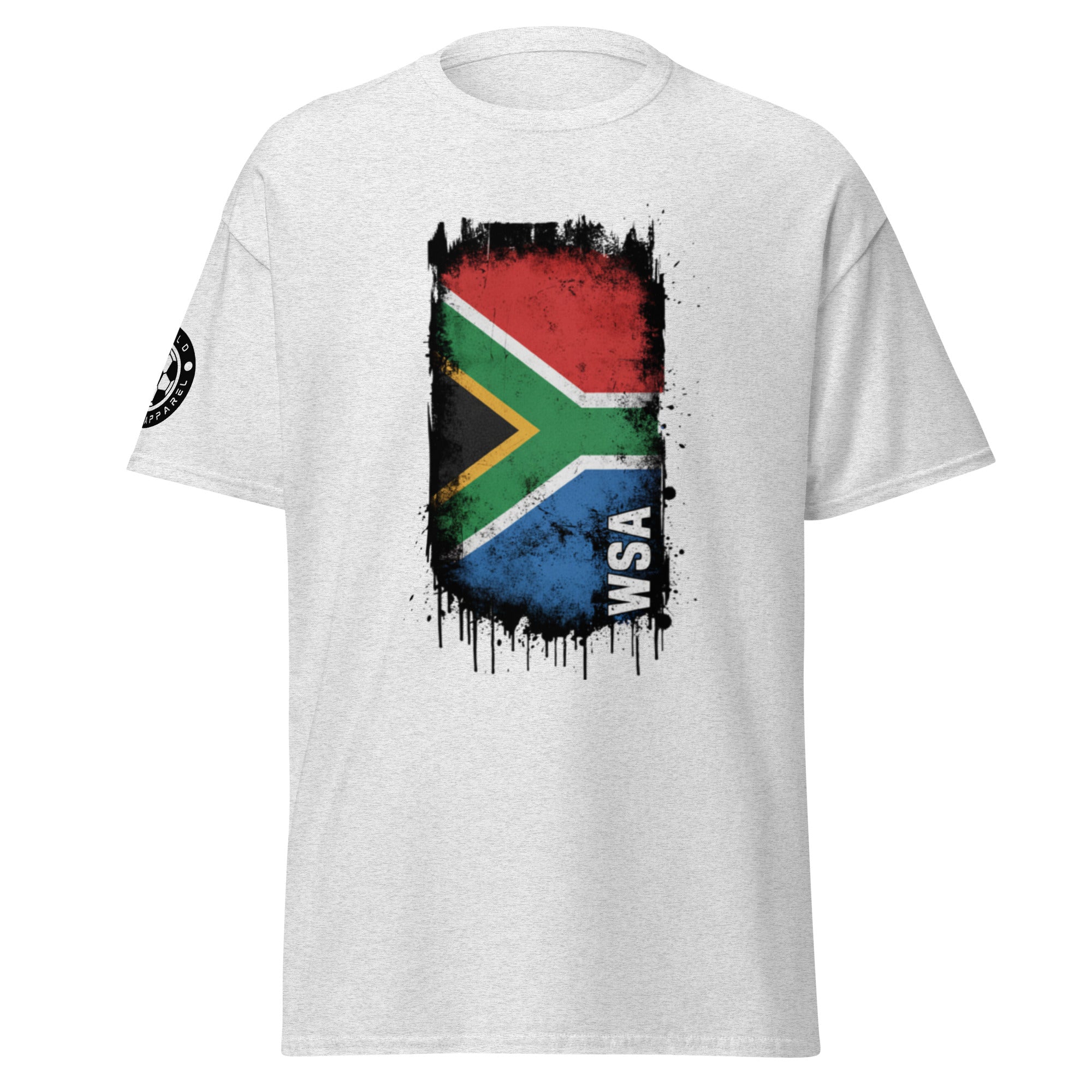 White t-shirt with South African flag design and 'WSA' text on a white background