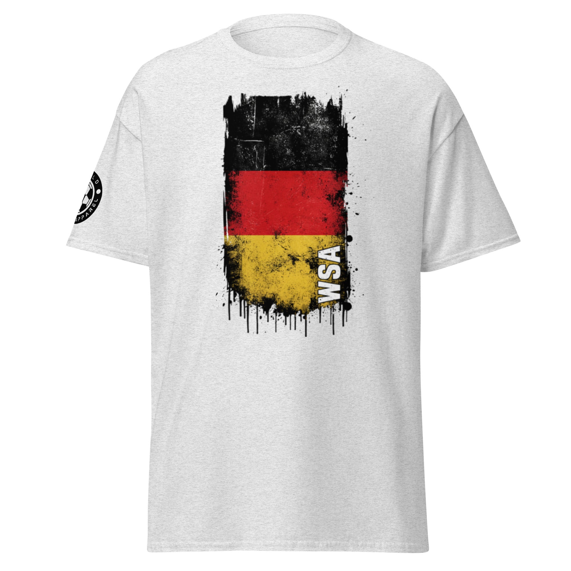 White t-shirt with a German flag design and 'WSA' text on a white background