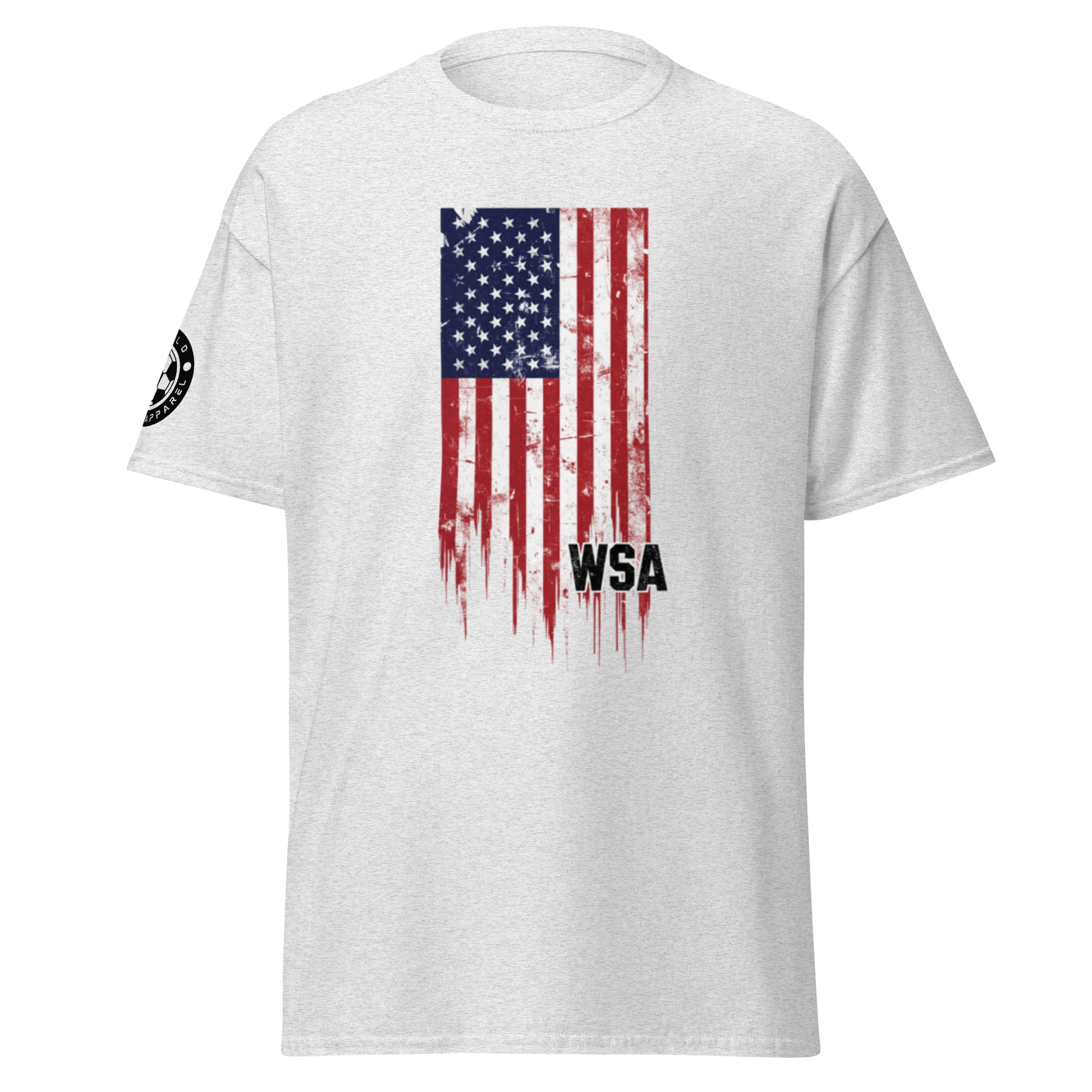 White t-shirt with American flag and 'WSA' text on a white background