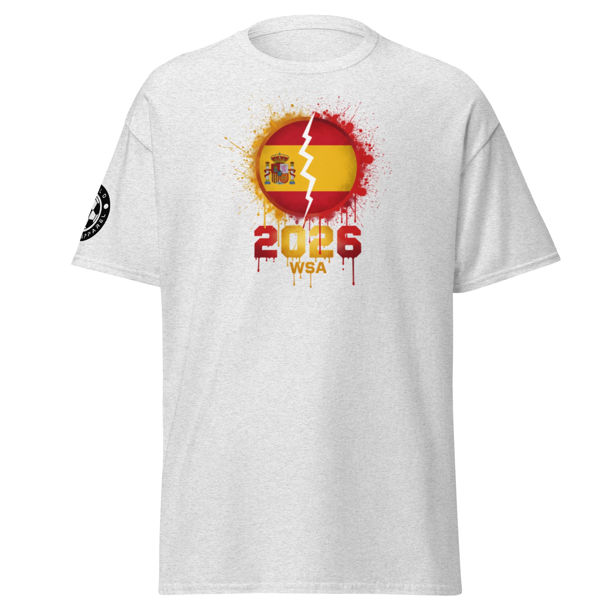 White t-shirt with a graphic design featuring a broken circle with colors and text on a white background