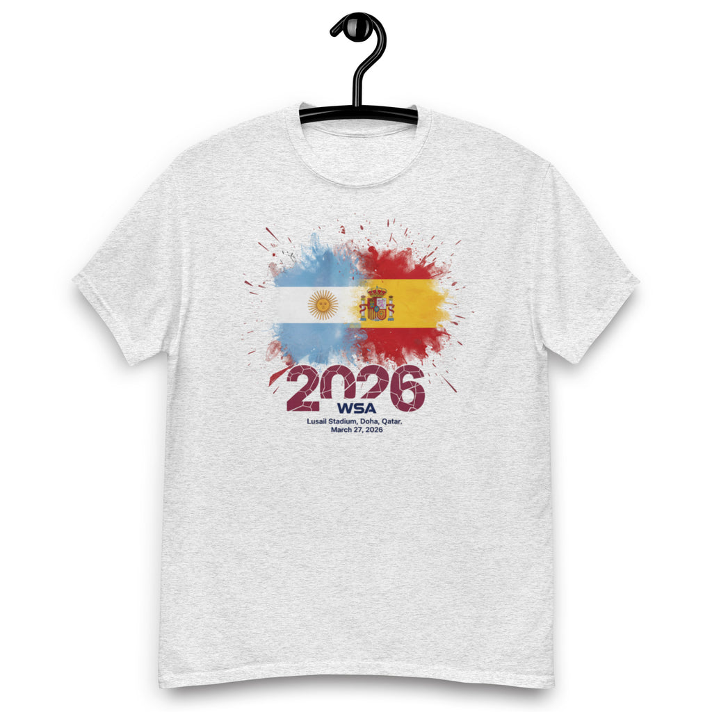 White t-shirt with colorful design and text on a hanger against a white background