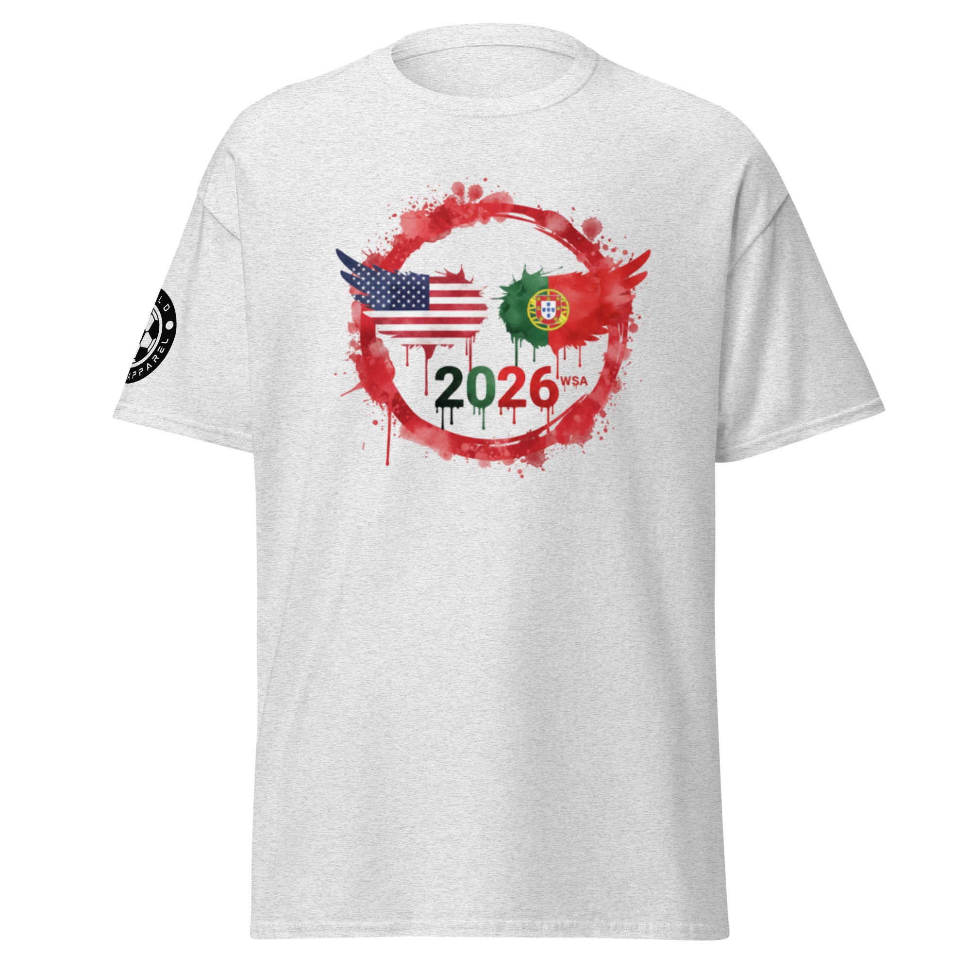 White t-shirt with 2026 FIFA World Cup design featuring American and Portuguese flags on a white background.