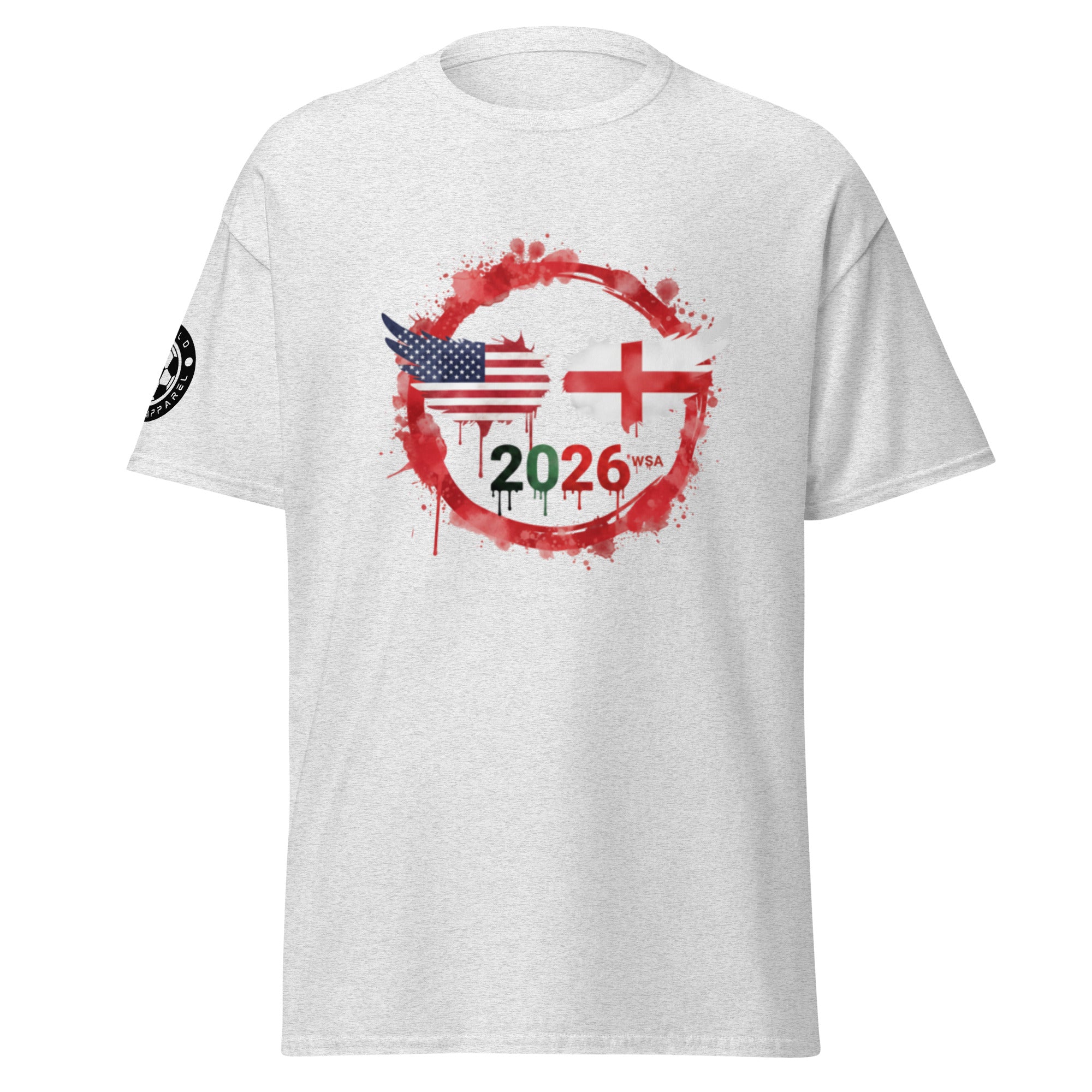 White t-shirt with a graphic design featuring numbers and symbols on a white background