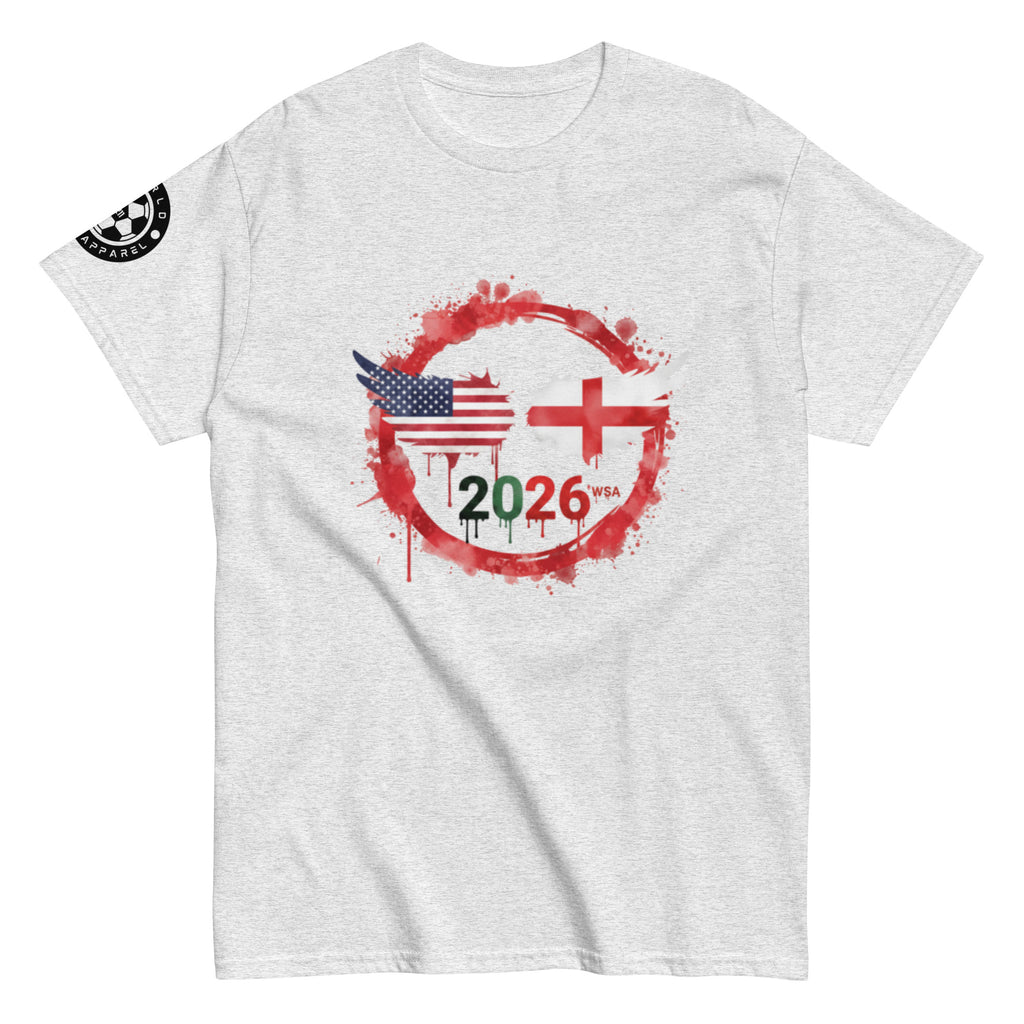 Gray t-shirt with a graphic design featuring flags and '2026' on a white background
