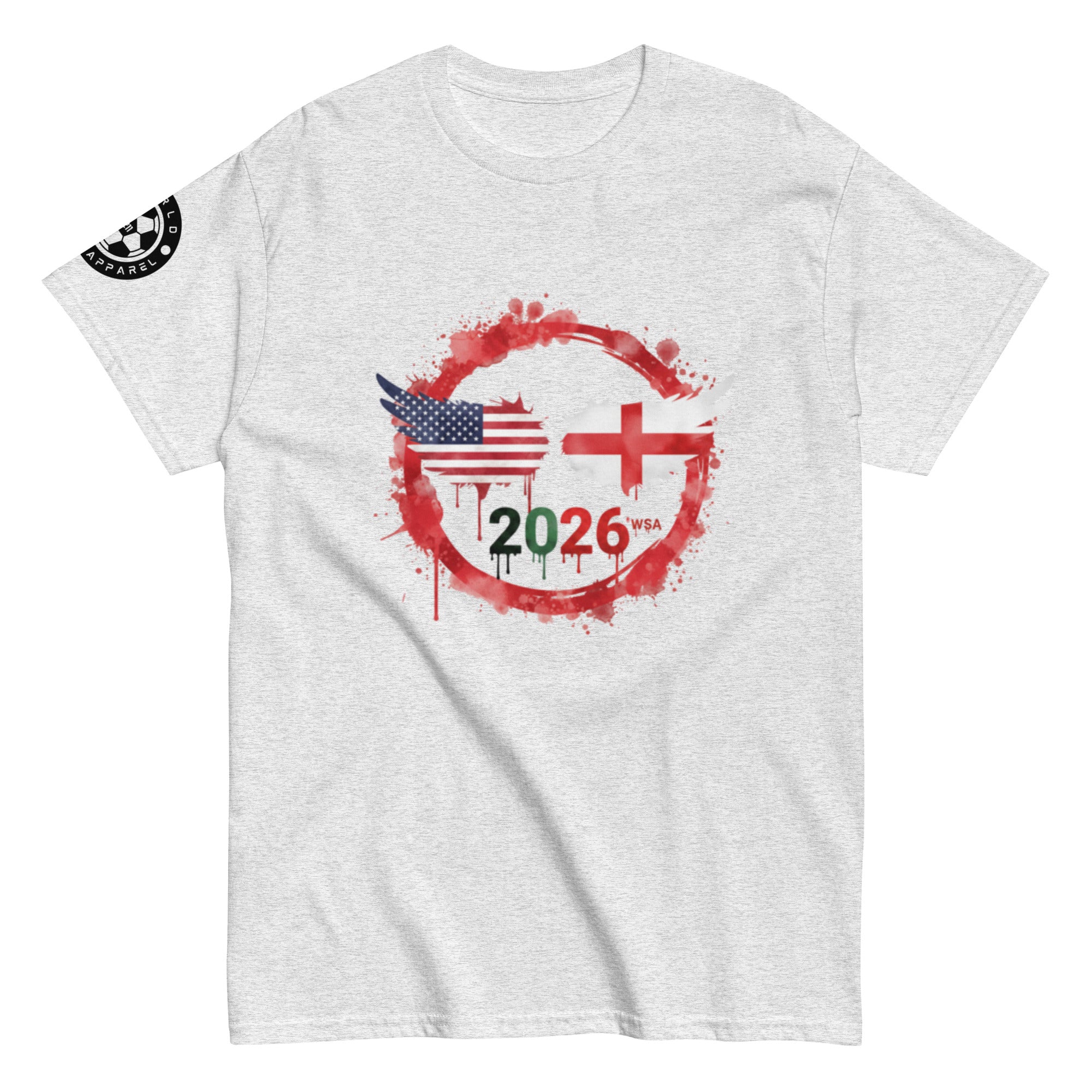 Gray t-shirt with a graphic design featuring flags and '2026' on a white background