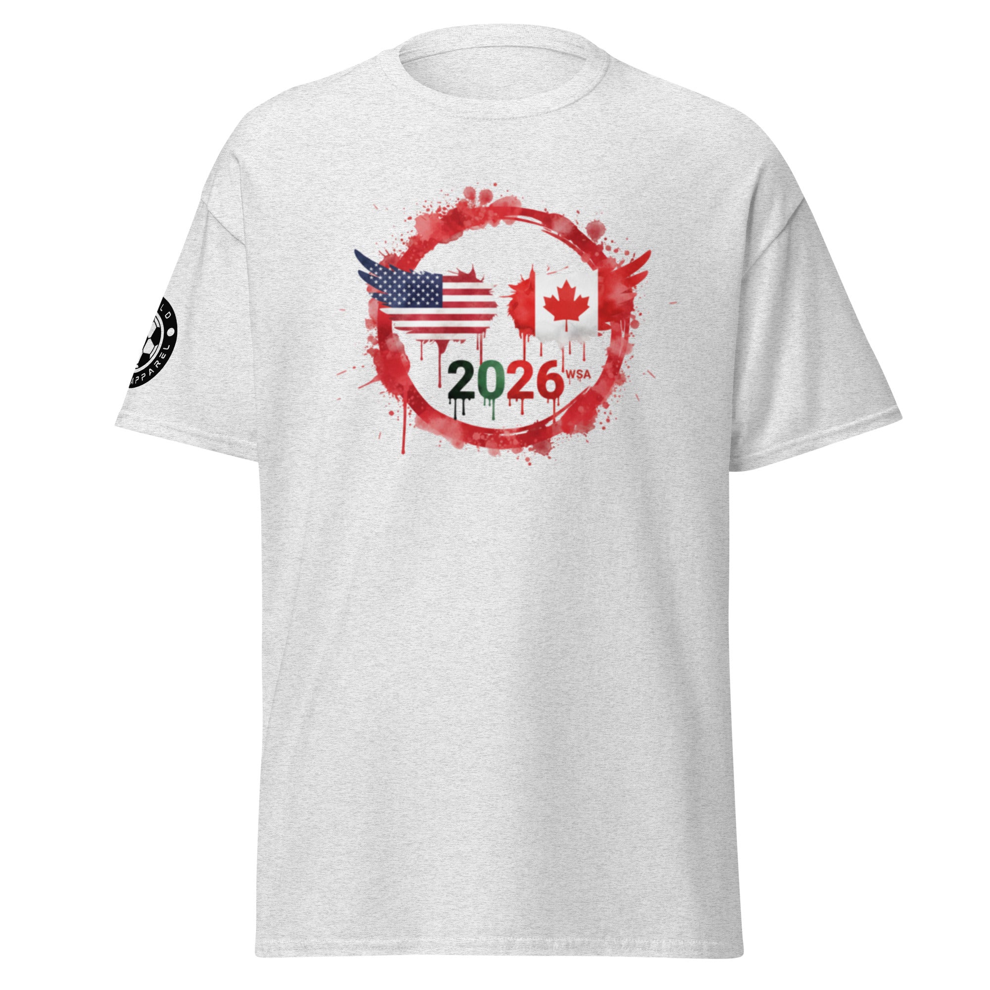 White t-shirt with a graphic design featuring the American and Canadian flags and the year 2026 on a white background.