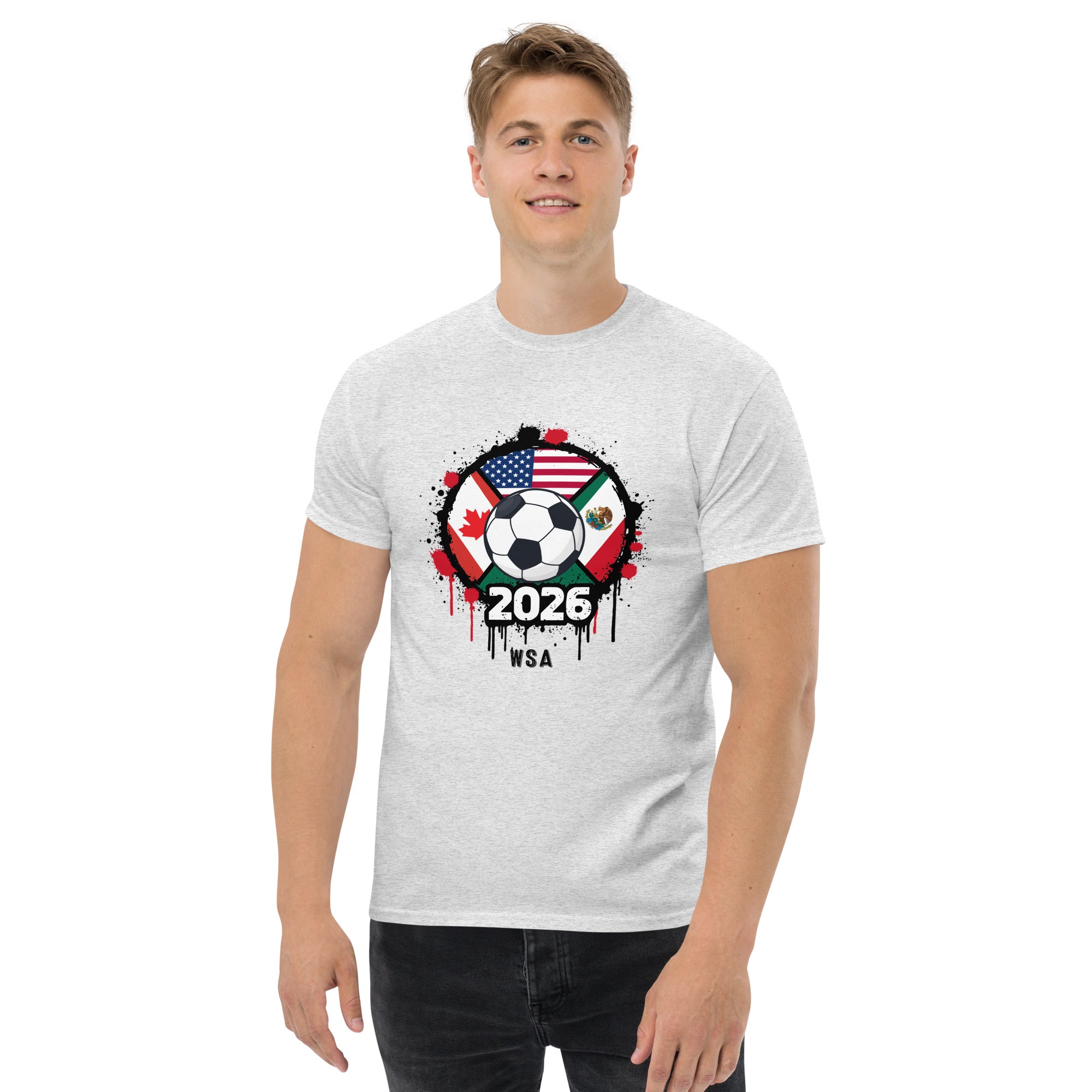 Person wearing a white t-shirt with a soccer ball design featuring flags and '2026' text on a white background.