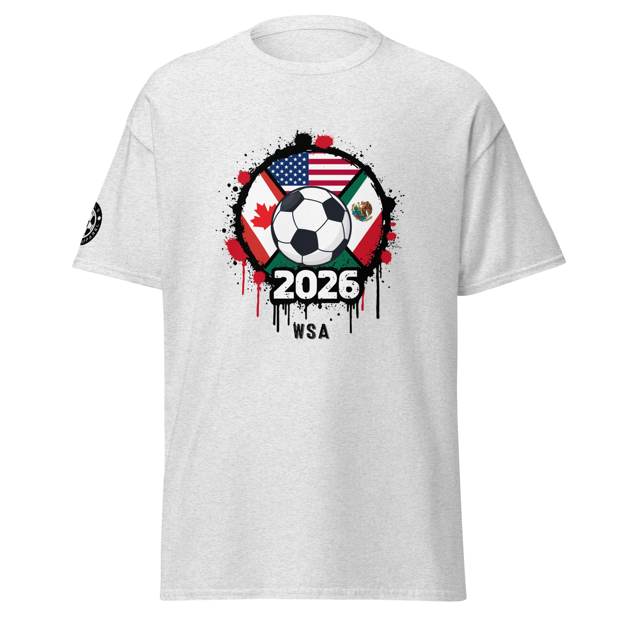 White t-shirt with soccer ball and flags design on a white background