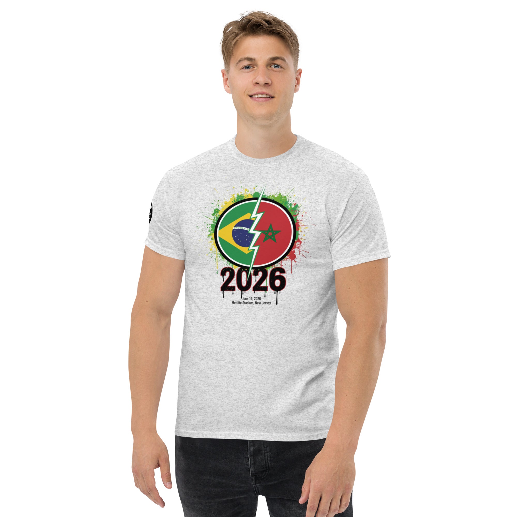 Person wearing a white t-shirt with a colorful design and '2026' text on a white background