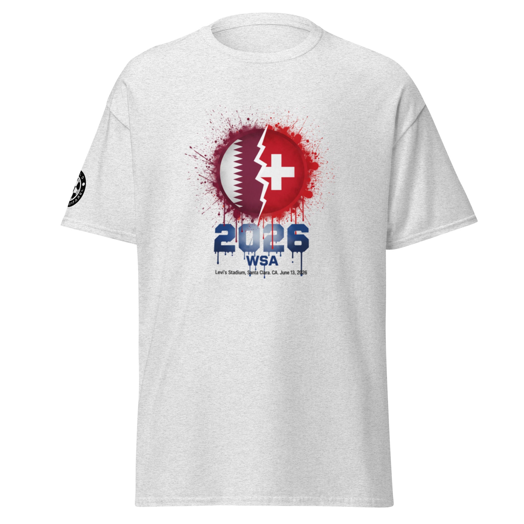 White t-shirt with a graphic design featuring a cross and lightning bolt, with '2026 WSA' text on a white background.