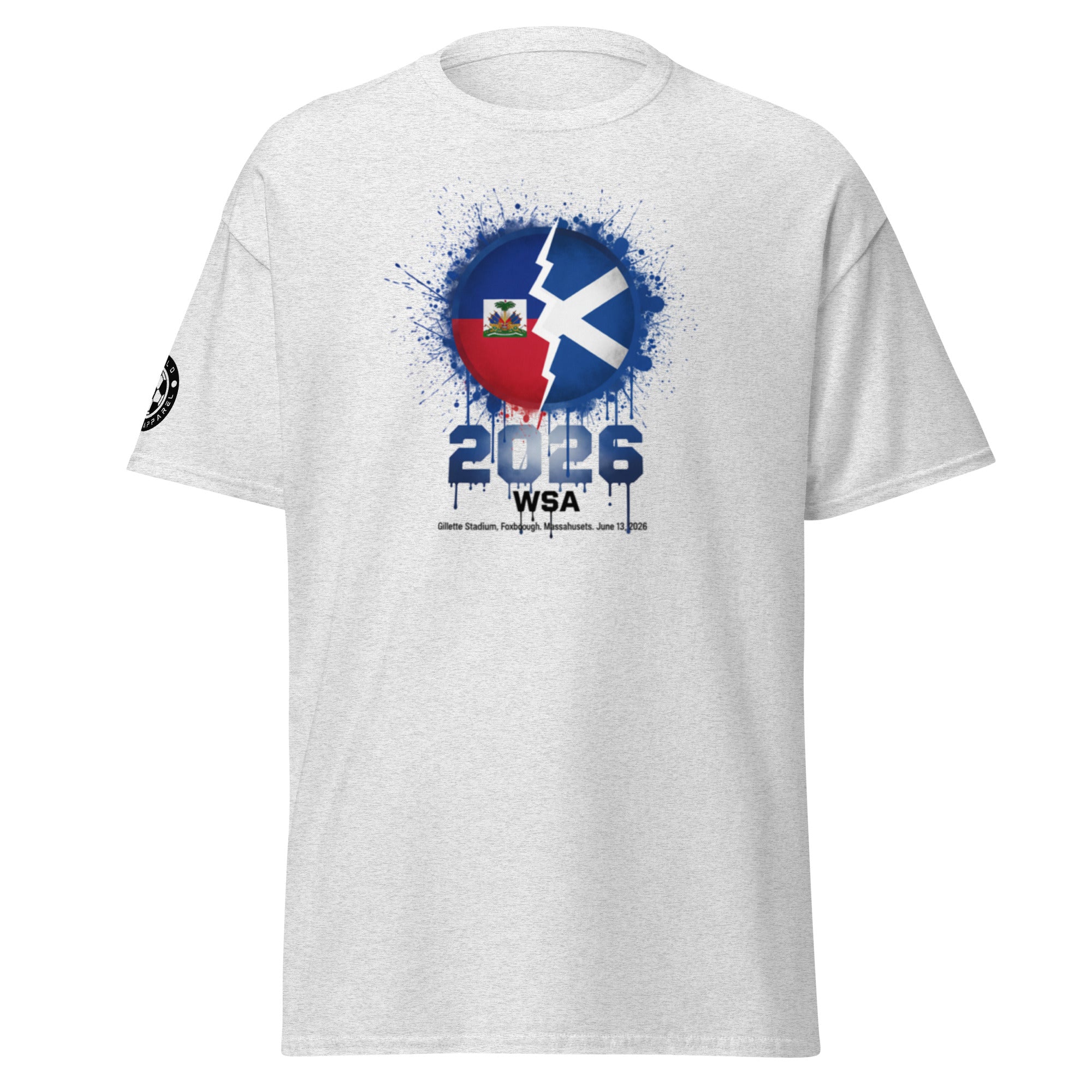 White t-shirt with a graphic design featuring a flag and '2026 WSA' text on a white background