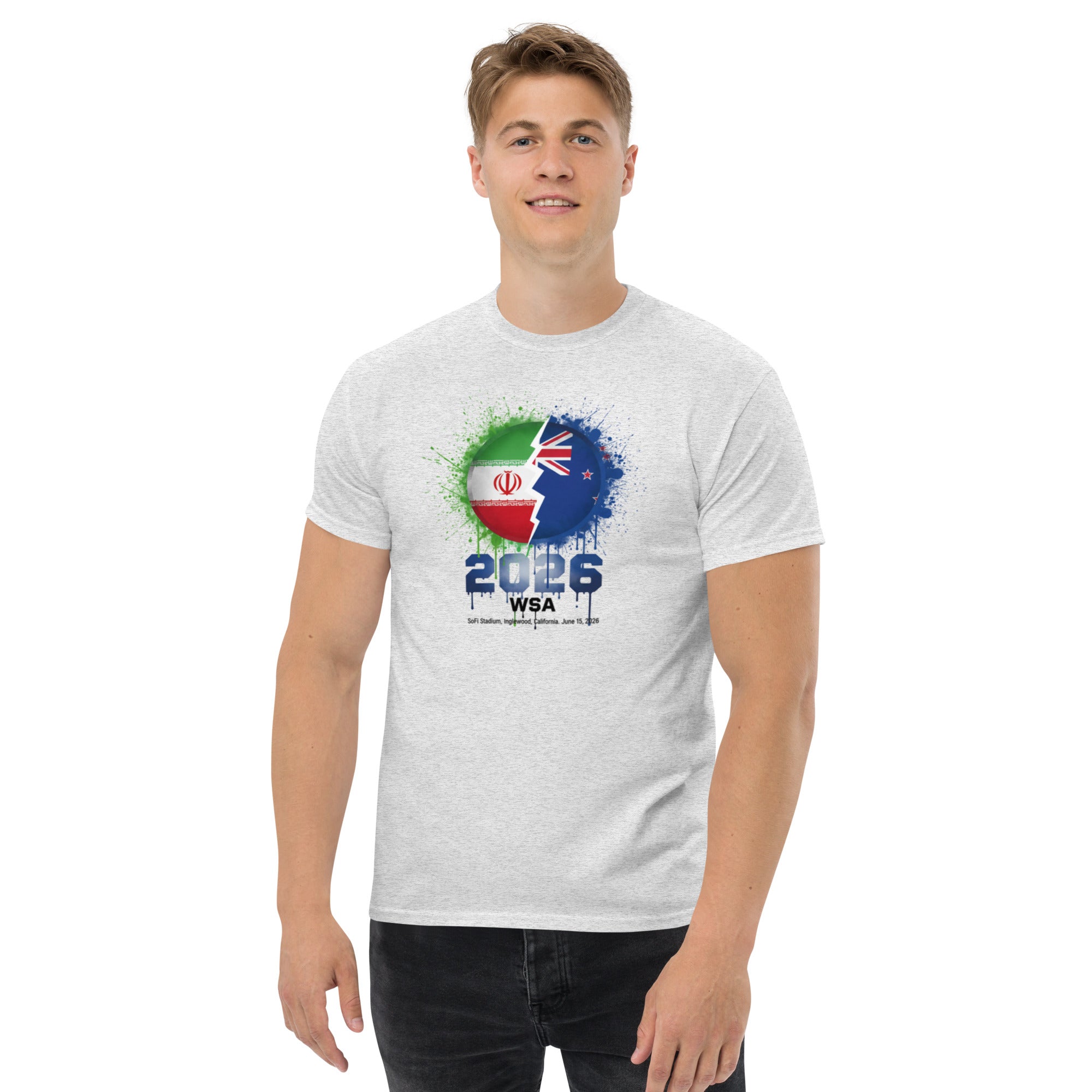 Person wearing a white t-shirt with a colorful graphic design on a white background